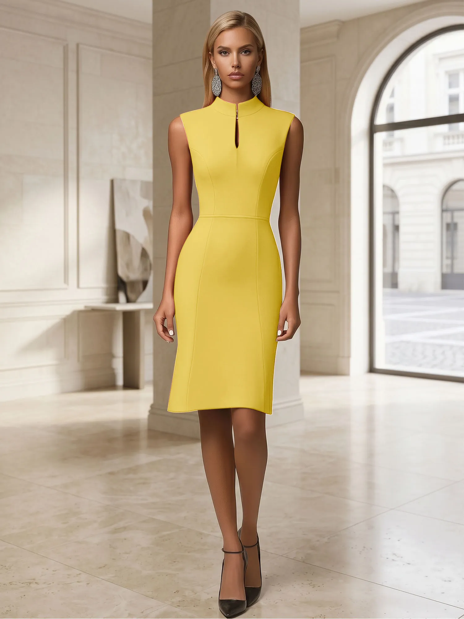Stand Collar Keyhole Neck Crepe Sheath Evening Dress