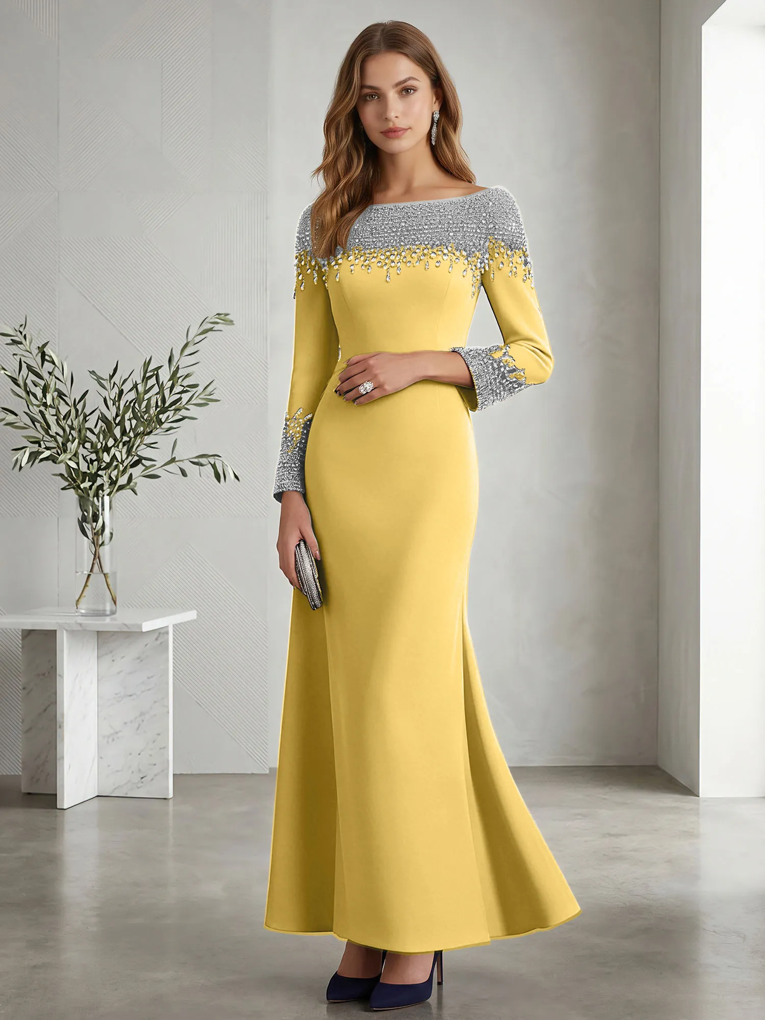 Beaded Off-the-Shoulder Long Sleeve Mermaid Evening Gown