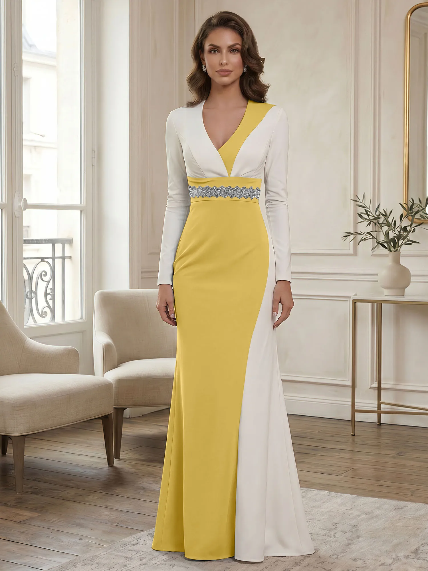 Two-Tone Long Sleeve Mermaid Evening Gown with Beaded Waistband