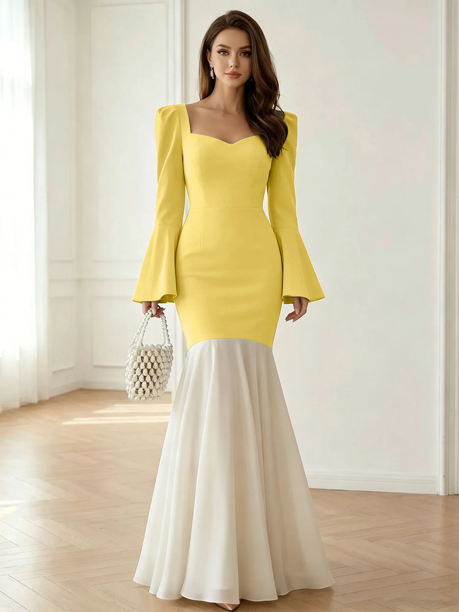 Sweetheart Neck Bell Sleeve Two-Tone Mermaid Evening Gown