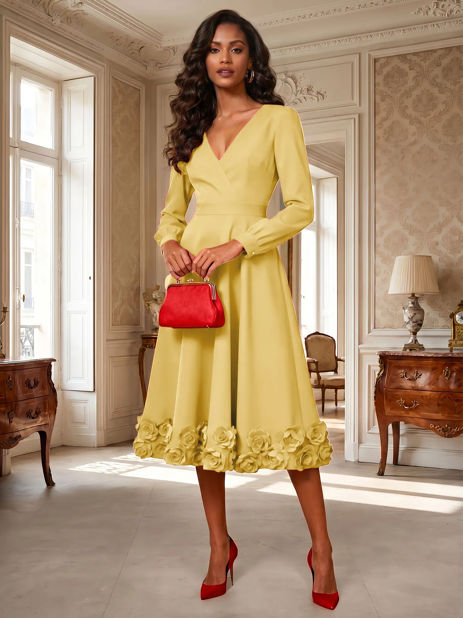 V-Neck Long Sleeve A-Line Midi Evening Dress with 3D Floral Hem
