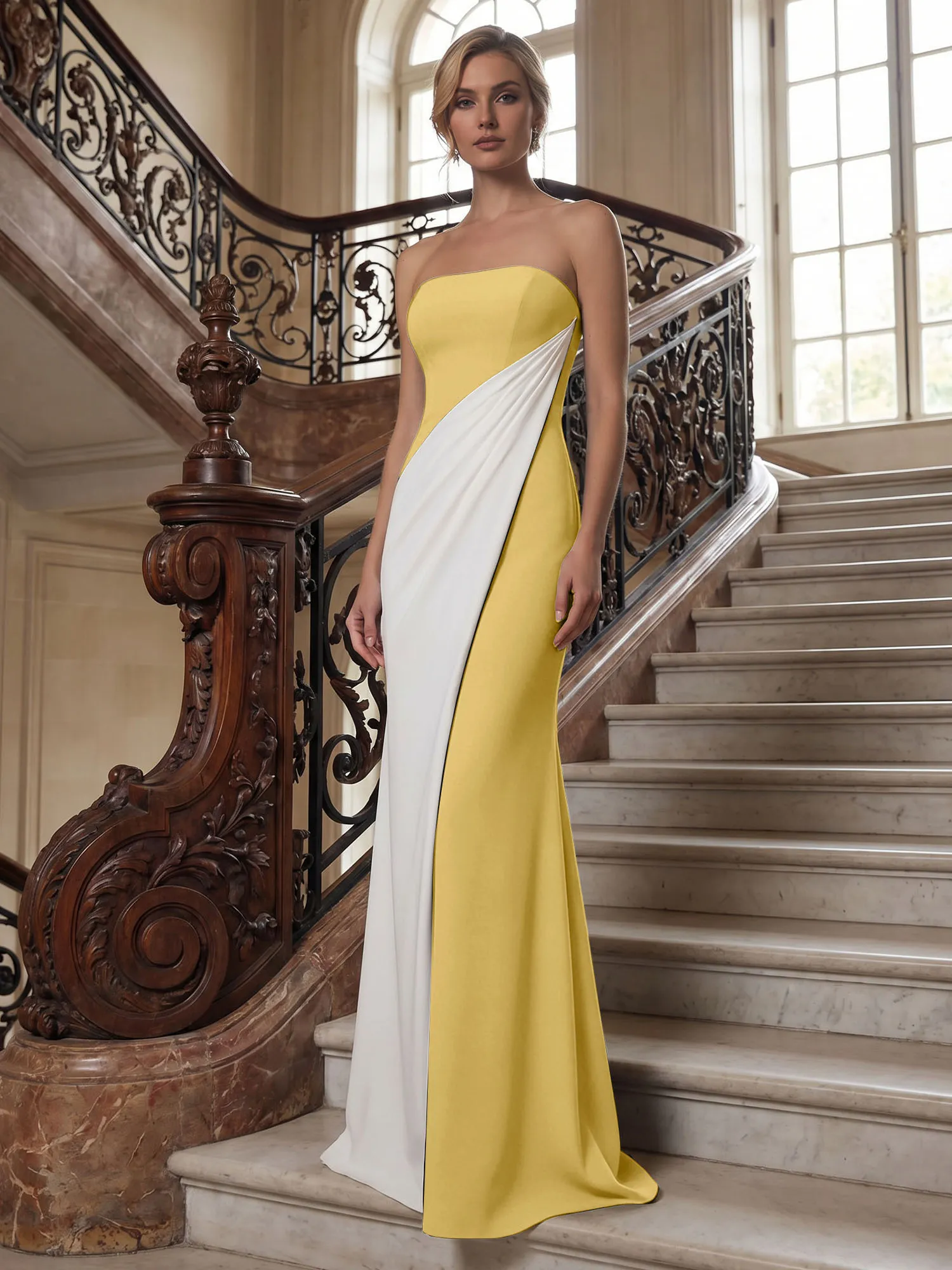Strapless Two-Tone Draped Mermaid Evening Gown