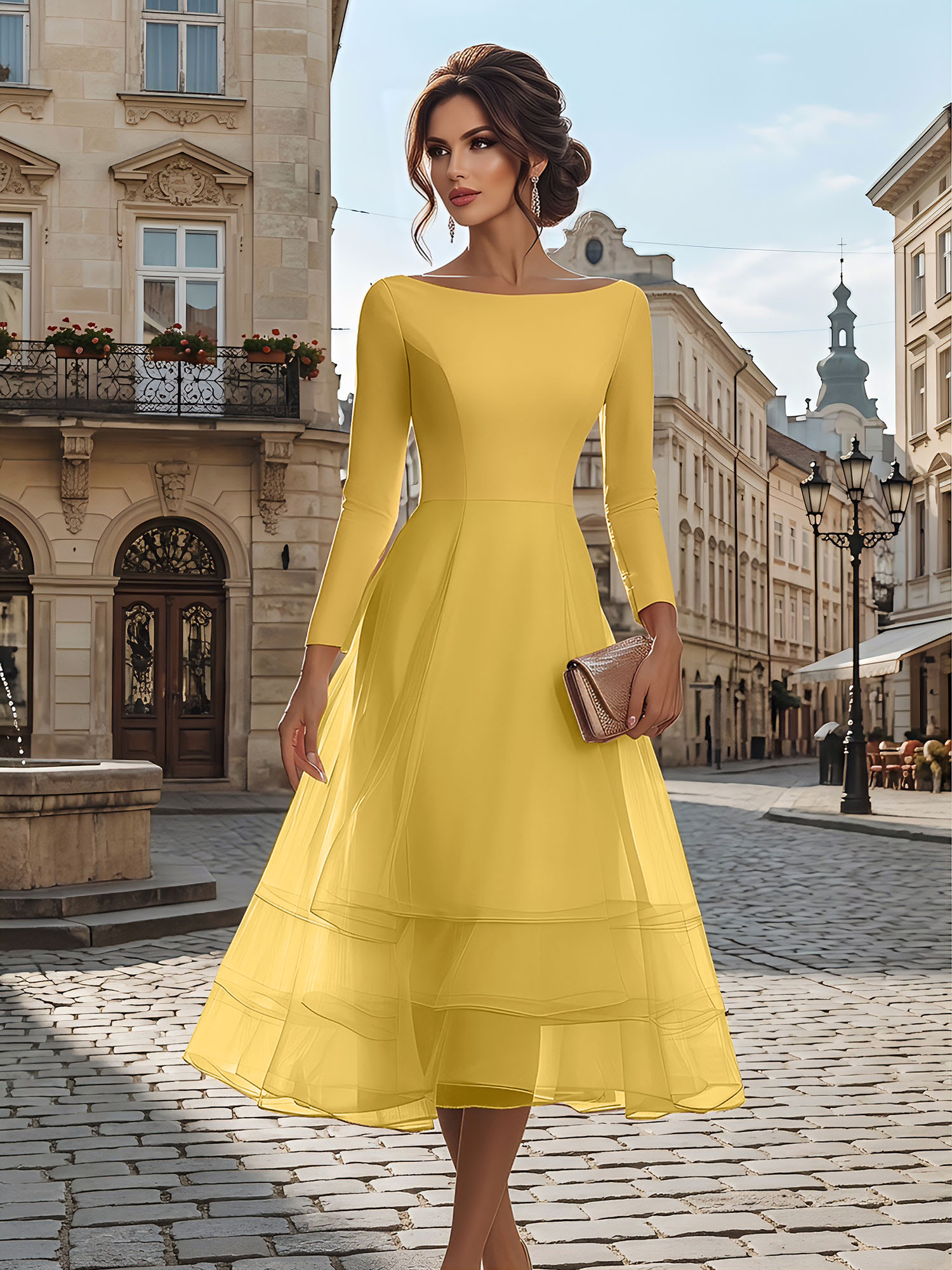 Timeless Evening Foraml Gown Blush Pink Long-Sleeve Layered Organza Midi Dress