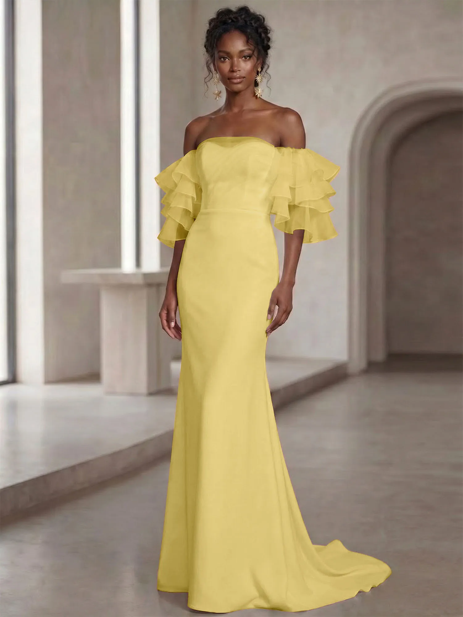 Off-the-Shoulder Tiered Organza Sleeve Mermaid Evening Gown