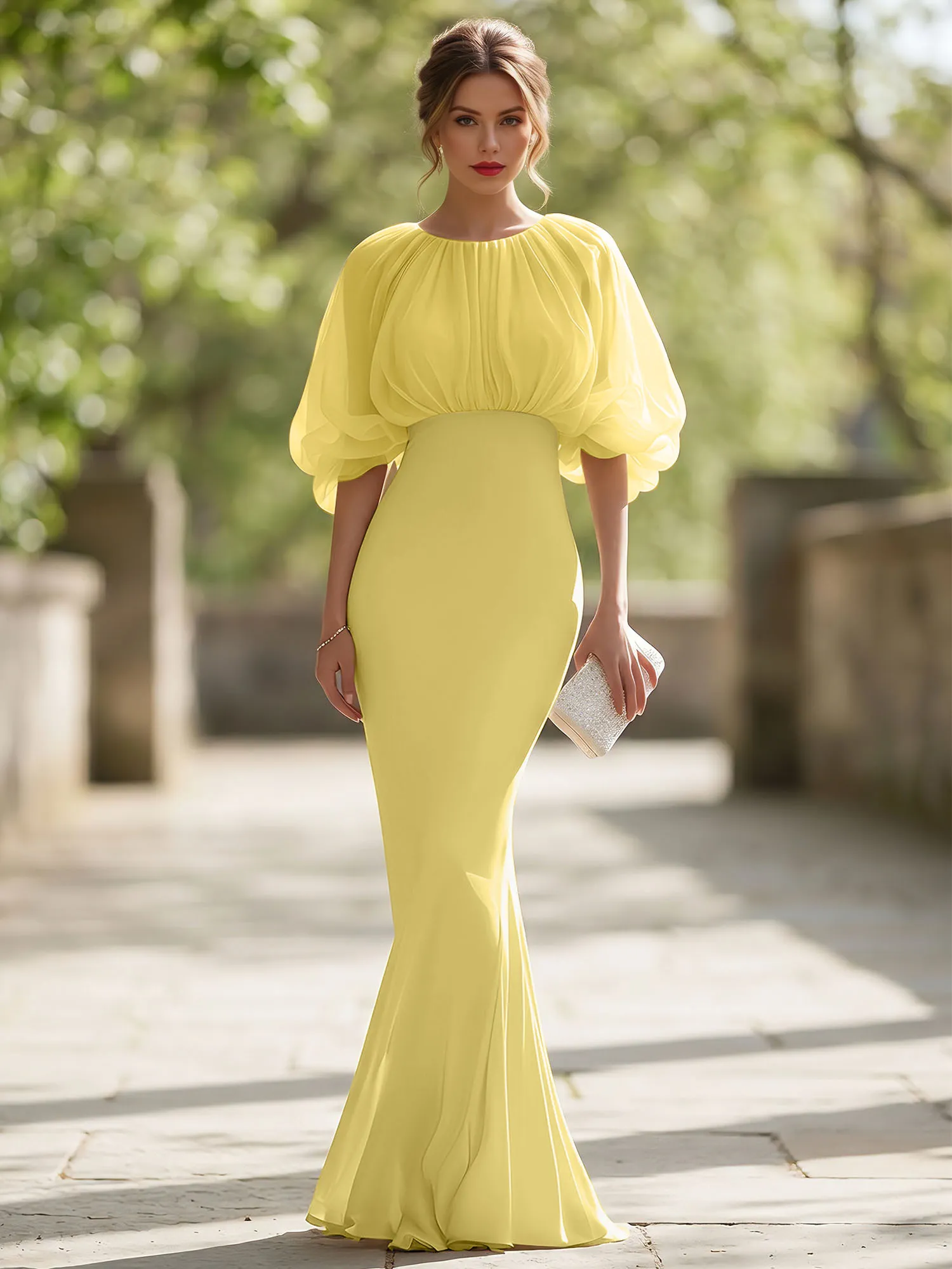 Bateau Neck Organza Bubble Sleeve Mermaid Evening Gown