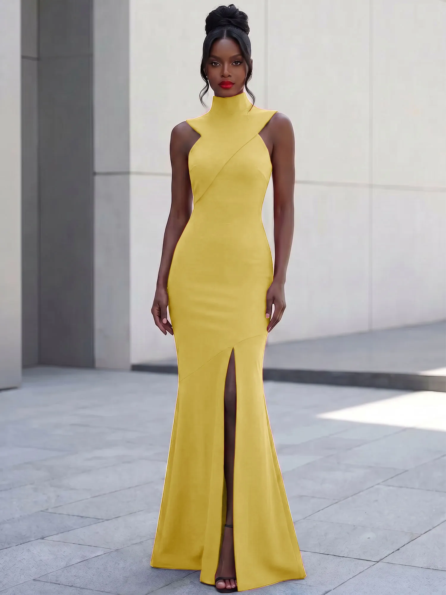 High Neck Asymmetric Cutout Mermaid Evening Gown