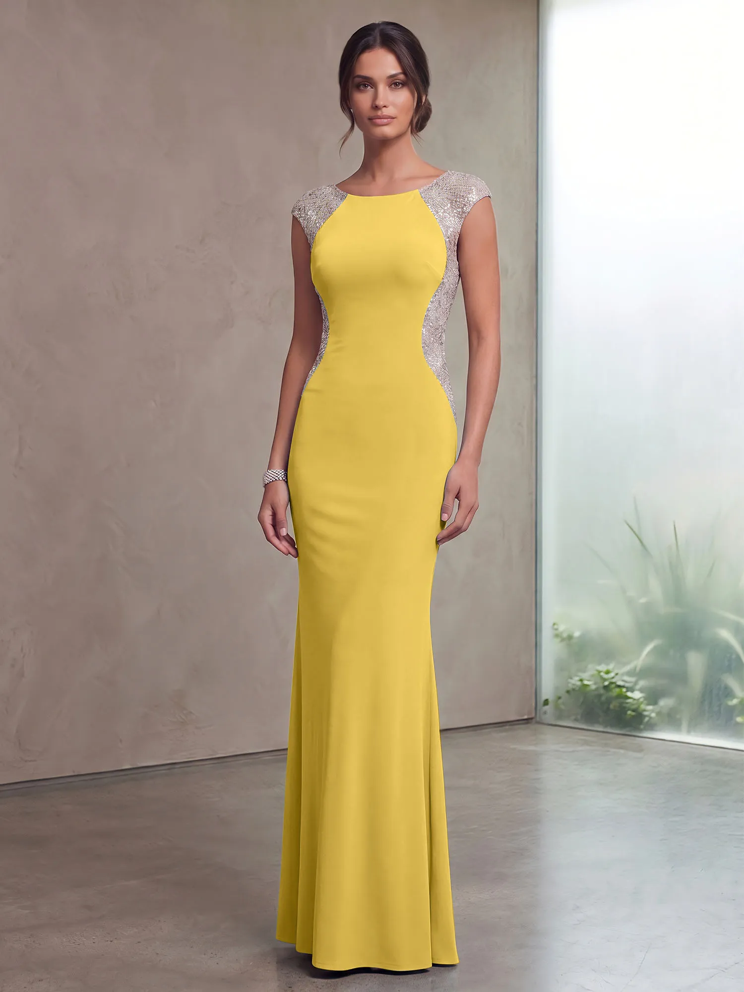 Bateau Neck Sequins Cap Sleeve Mermaid Evening Gown