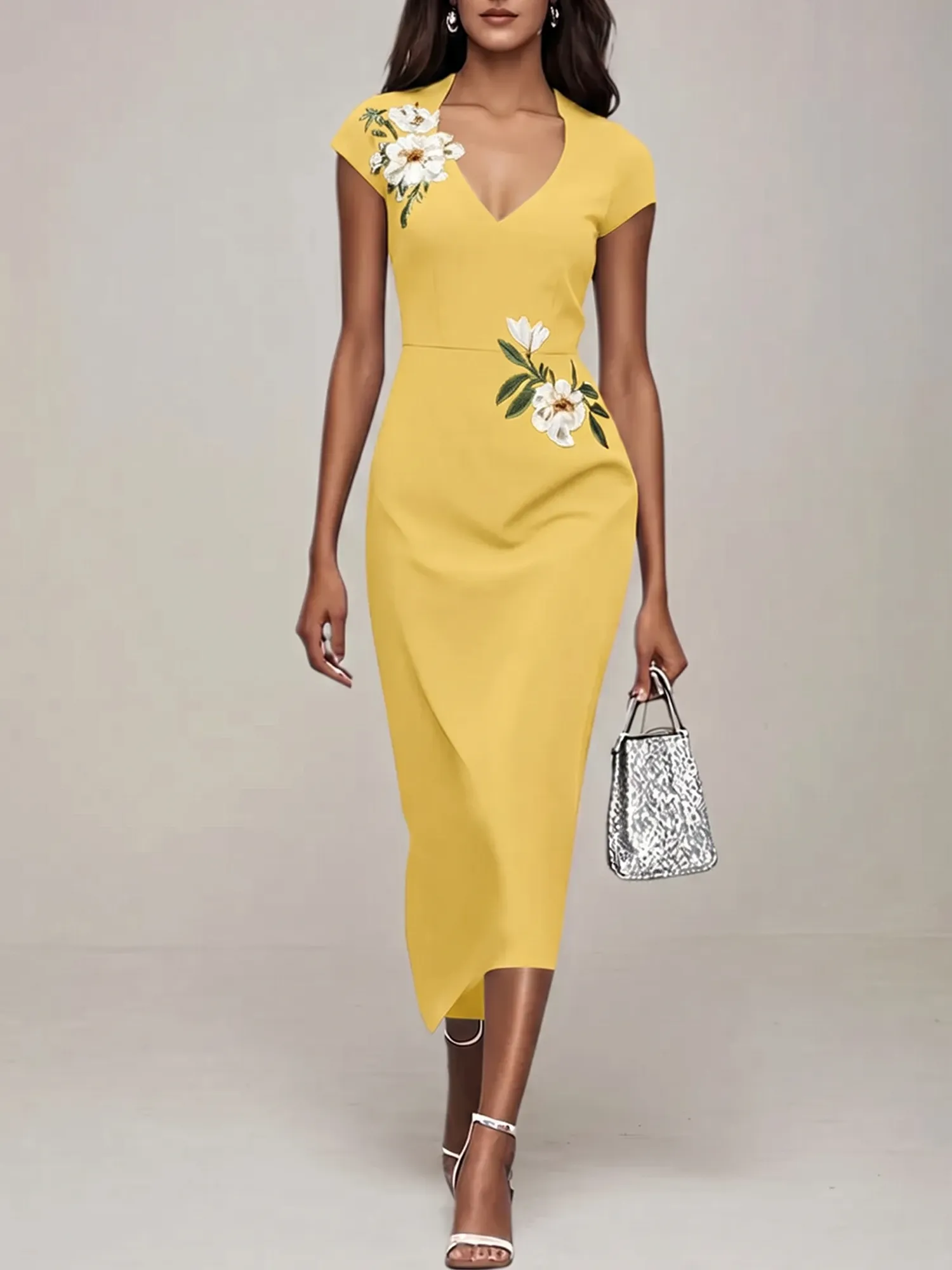 V-Neck Cap Sleeve Floral Embroidered Sheath Evening Dress