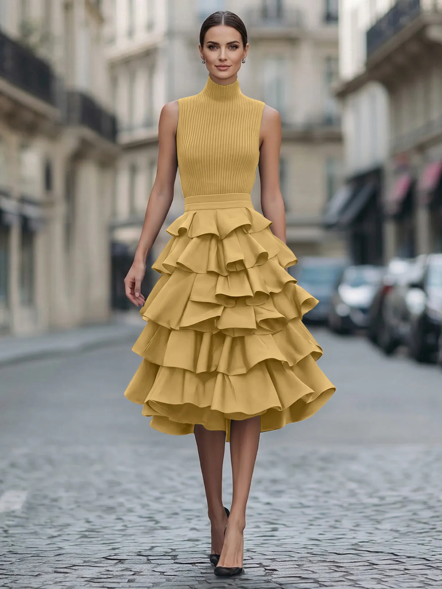 A Line High-Neck Pleated Tiered Evening Dress Maxi Dress