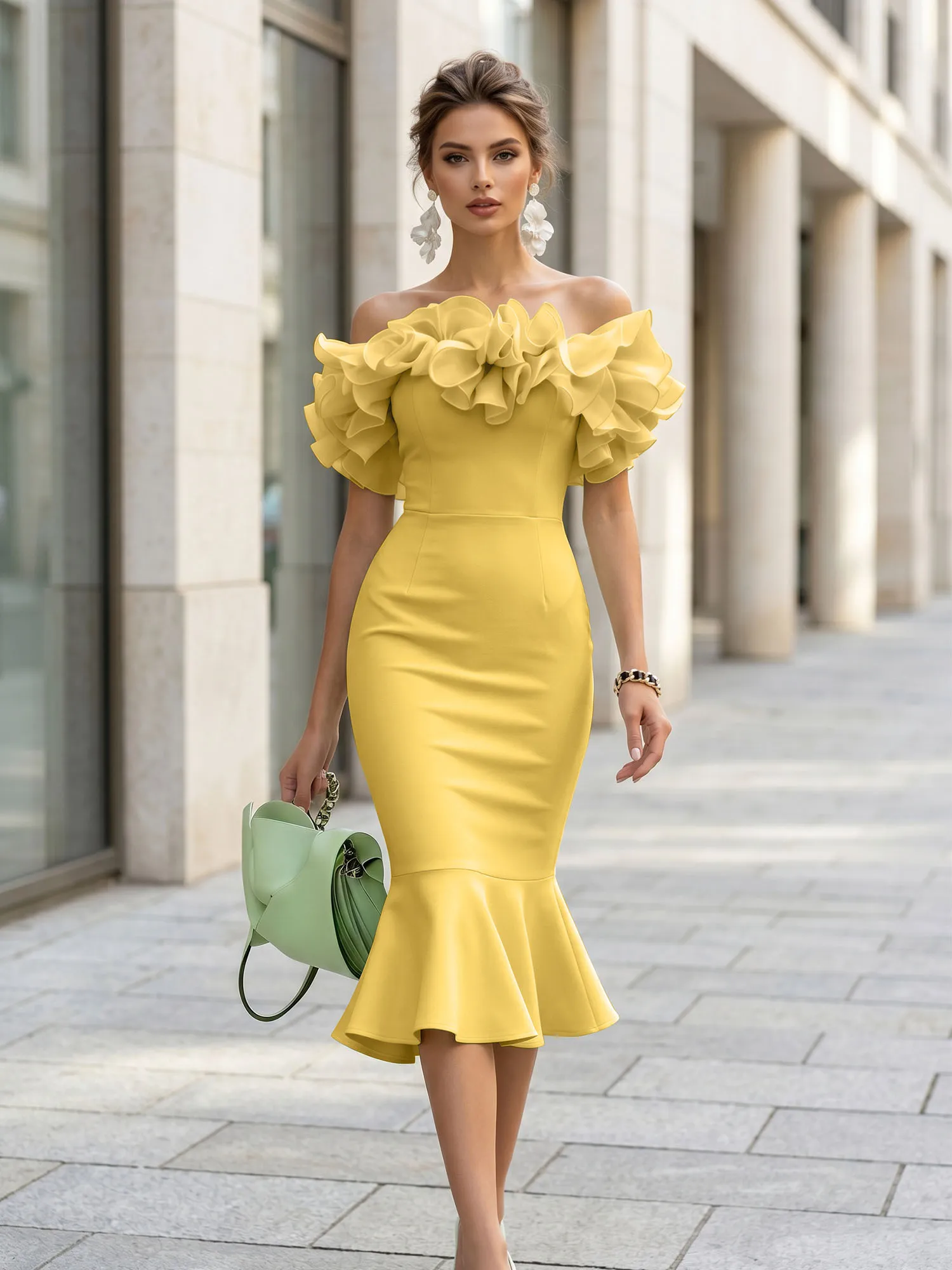 Off-the-Shoulder Ruffle Midi Midi Cocktail Dress Evening Dress