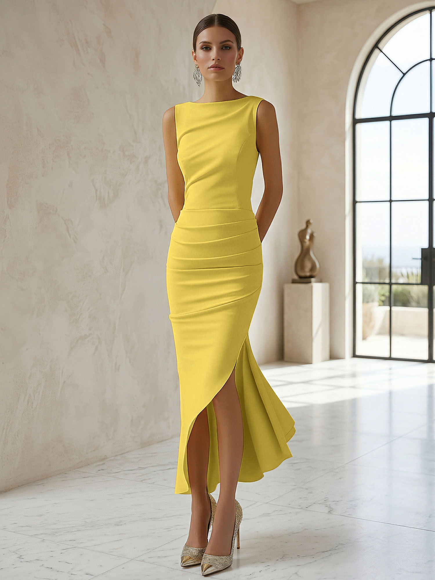 Elegant Formal Evening Gown Butter Yellow Ruched Asymmetrical Midi Dress