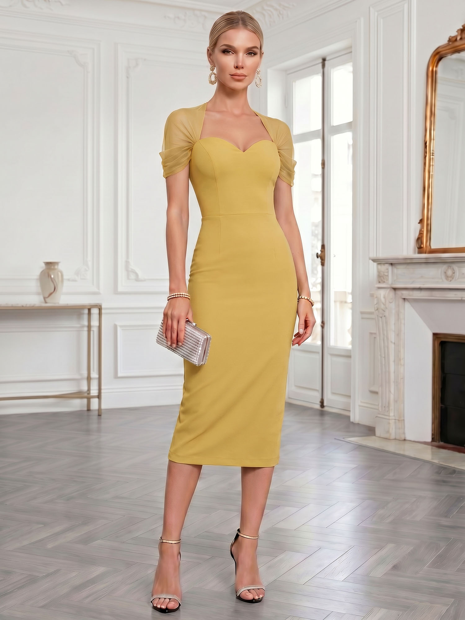 Sophisticated Black Mesh-Draped Sweetheart Midi Evening Gown