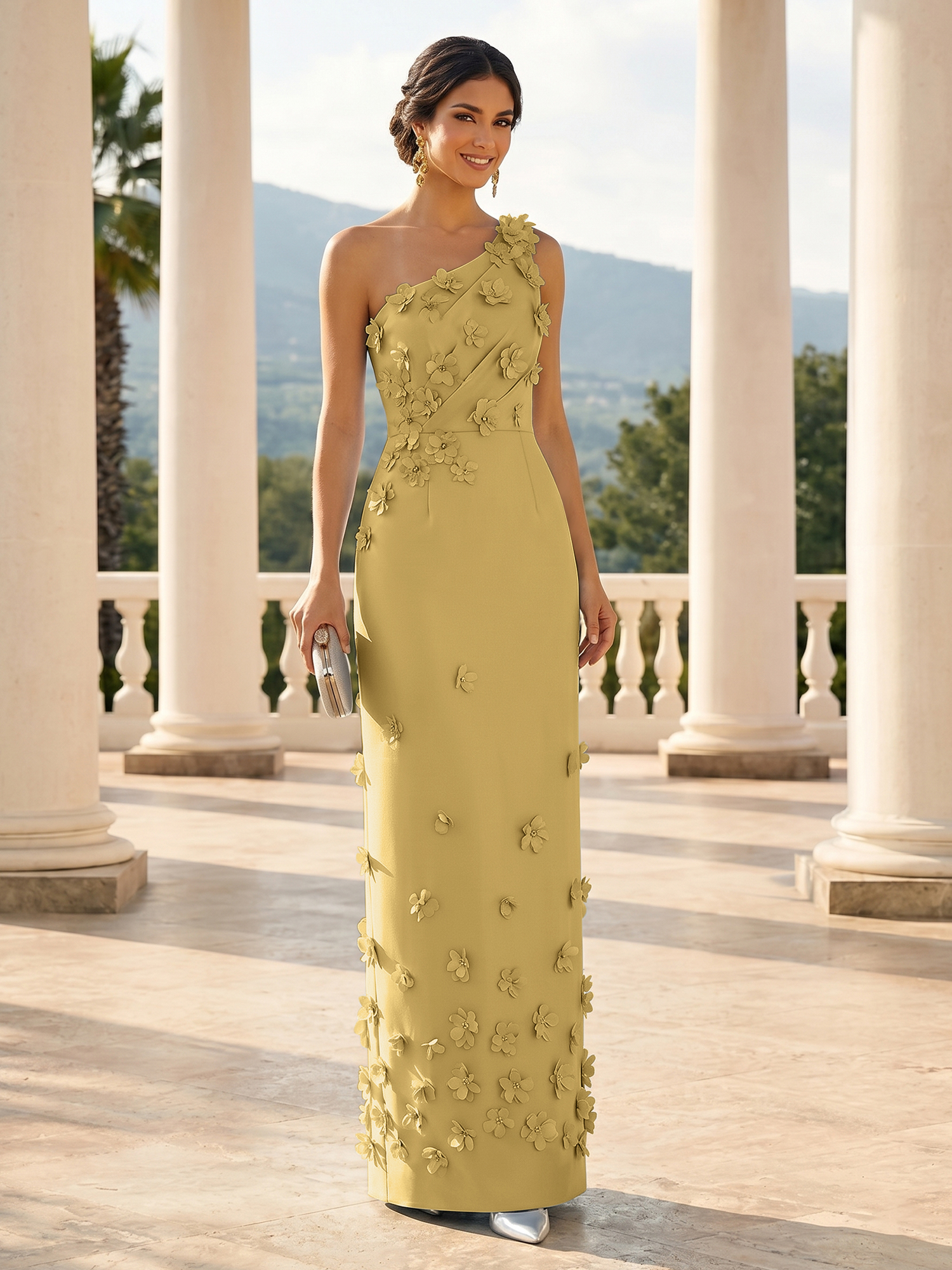 Enchanting Sky Blue One-Shoulder Evening Dress with 3D Floral Appliqués