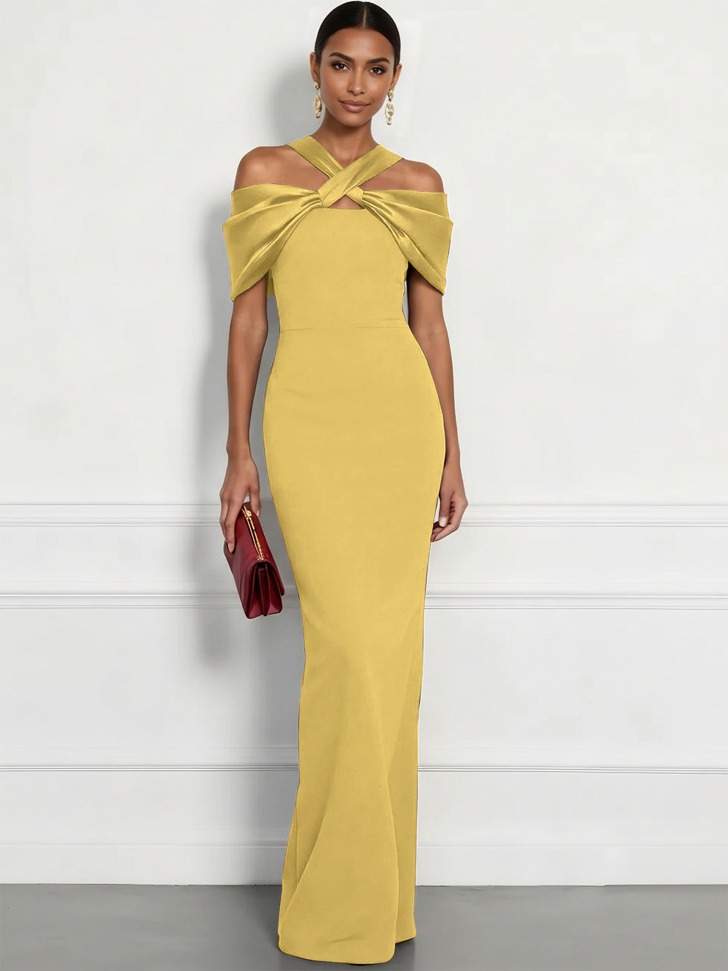  Regal Plum Crepe Column Gown with Satin Criss-Cross Halter Maxi Dress