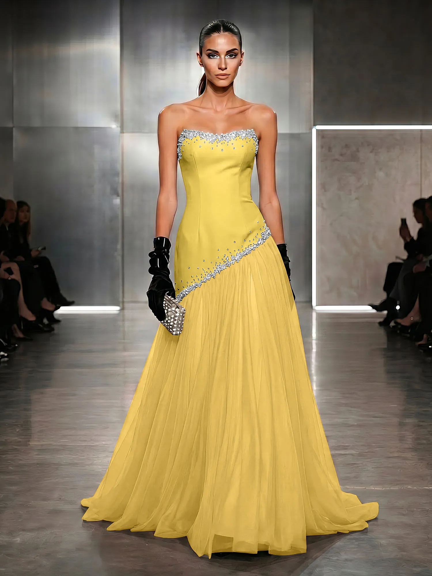 Strapless Tulle Beaded Corset Evening Gown Maxi Dress