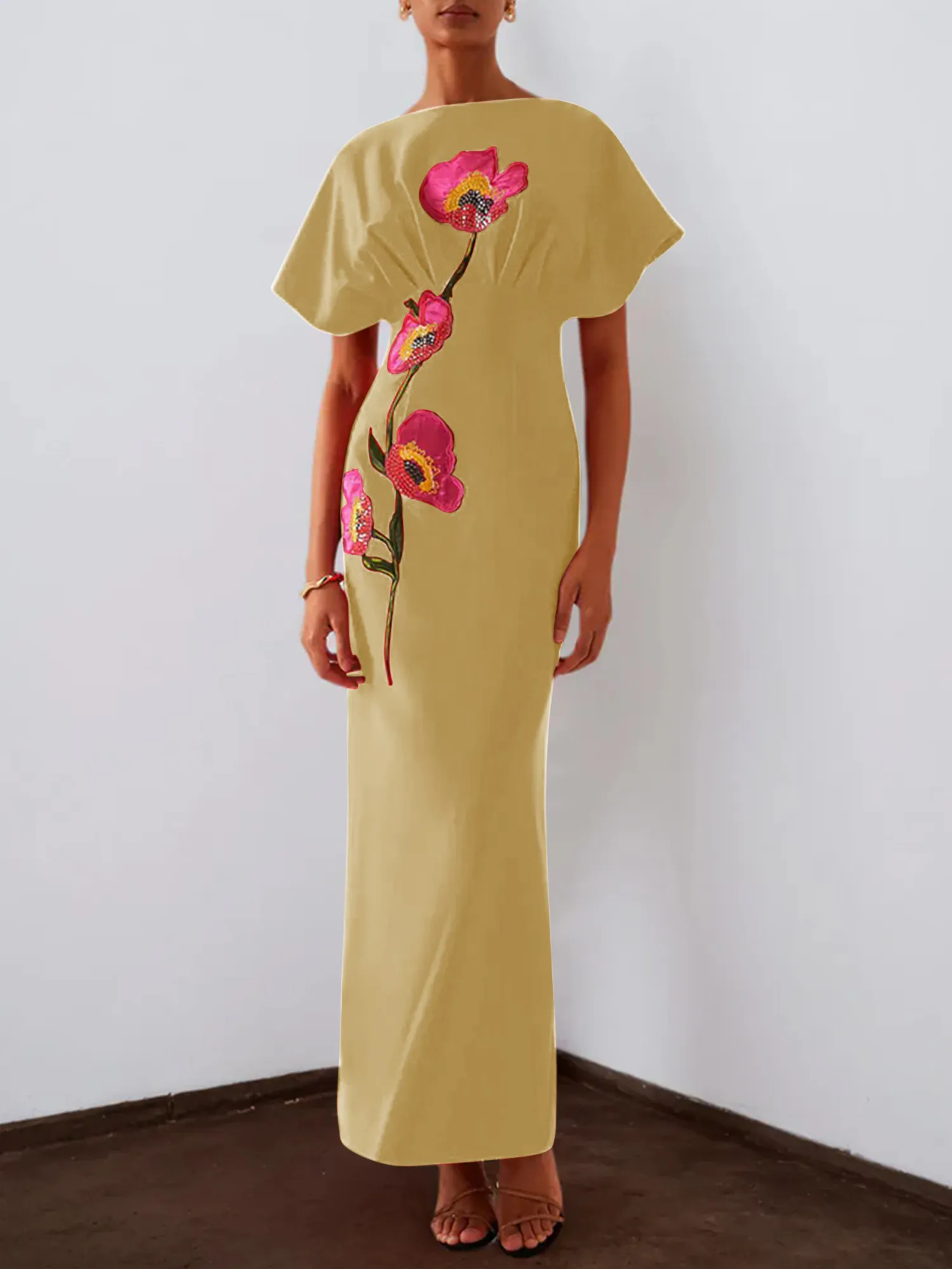 Floral Embroidered Boat Neck Batwing Sleeve Column Evening Gown