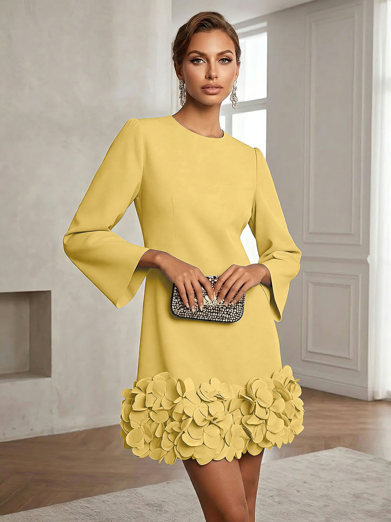 Powder Blue 3D Floral Classic Crew Neck Bell Long Sleeve Shift Mini Dress