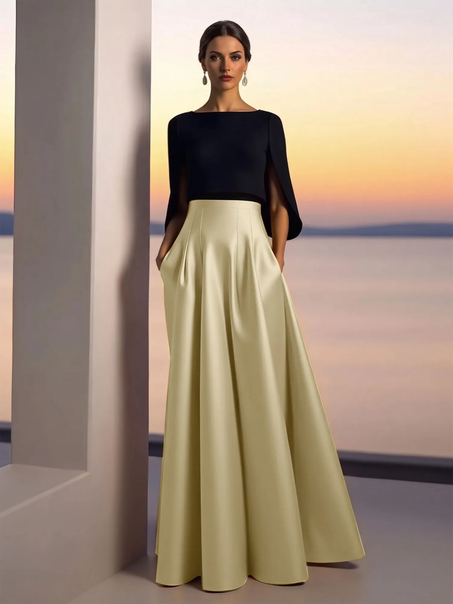 Two-Piece Cape Sleeve Satin Ball Gown Evening Dress