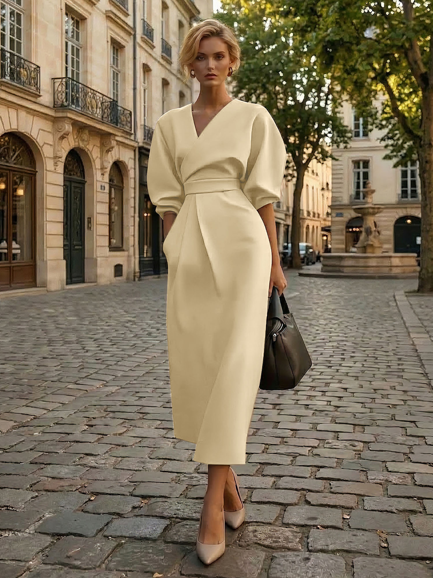 Sophisticated Camel V-Neck Balloon Sleeve Midi Dress Evening Gown