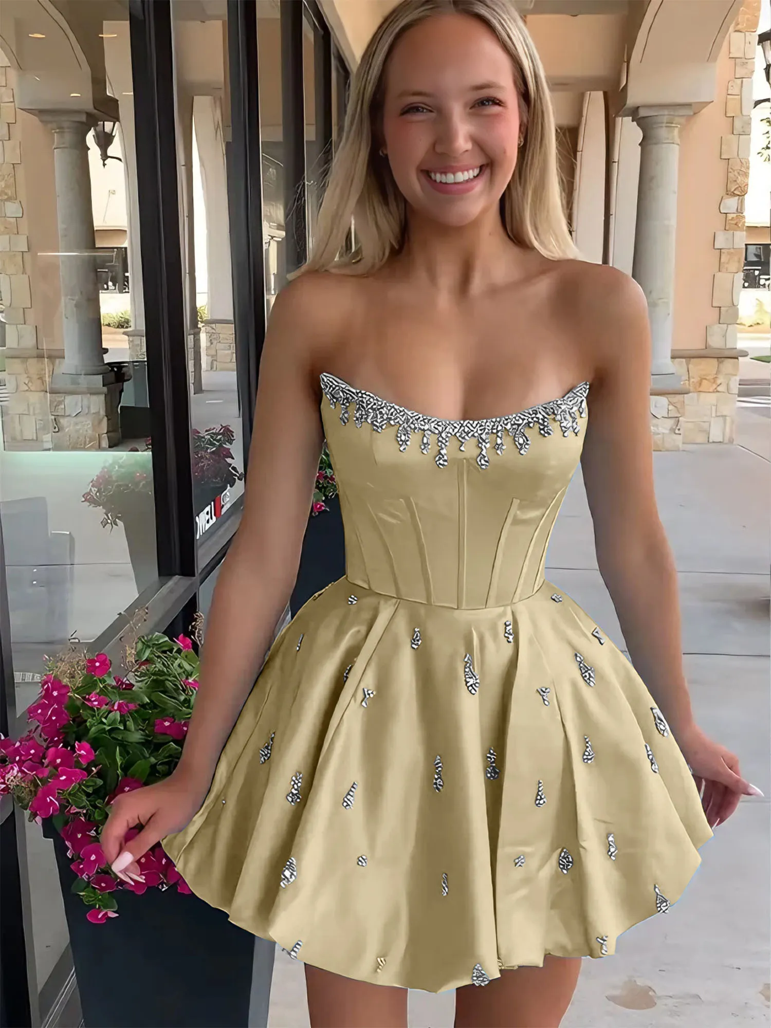 Strapless Beaded Corset Lace-Up Back Satin Homecoming Dress