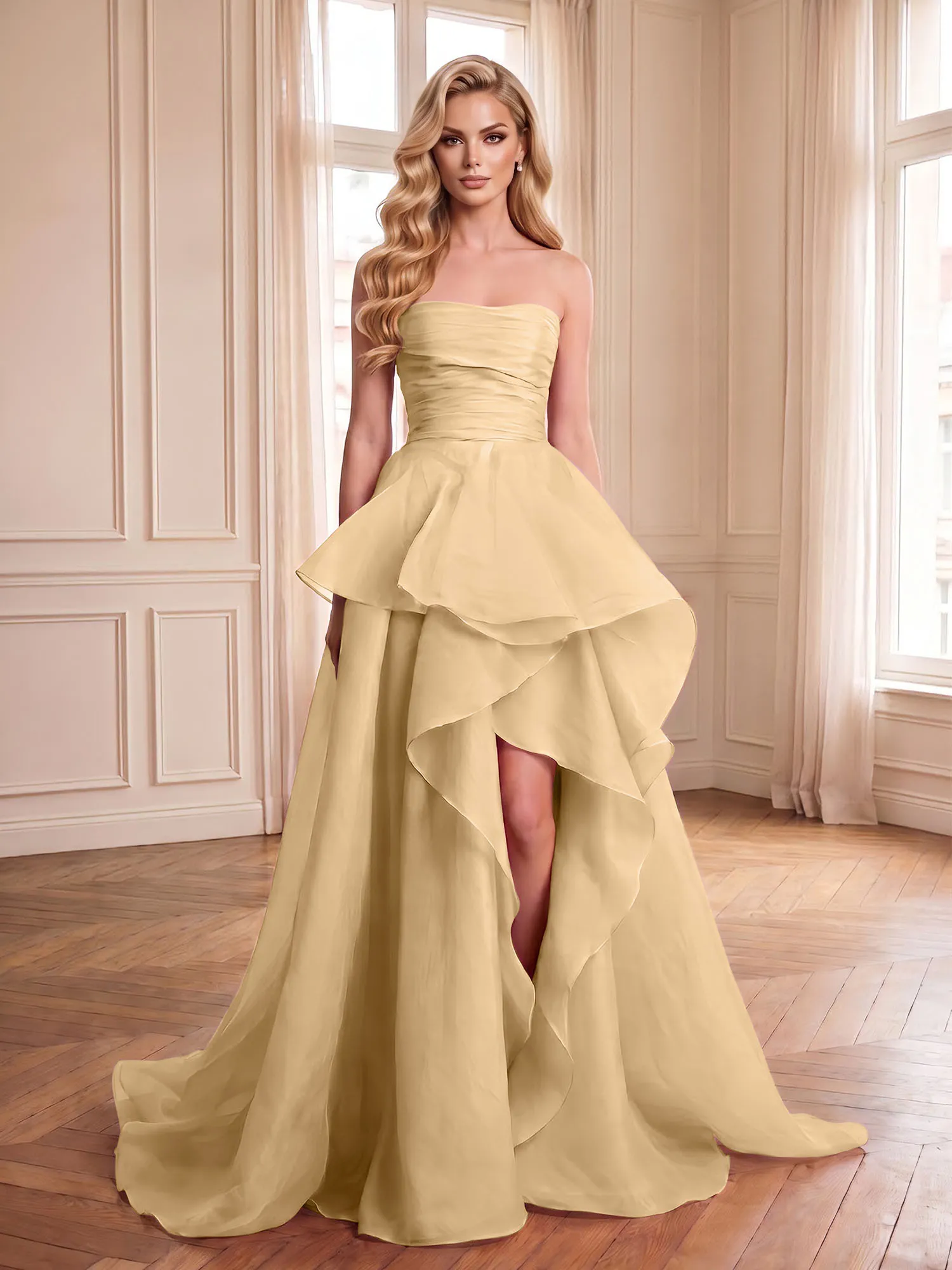 Strapless Tiered Organza Evening Gown with High Slit