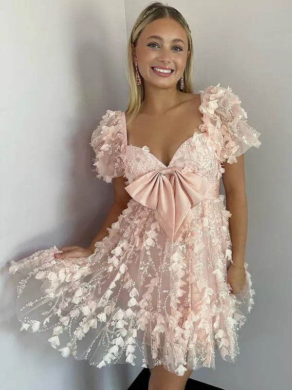 A Line Puff Sleeve 3D Floral Bow Homecoming Mini Dress