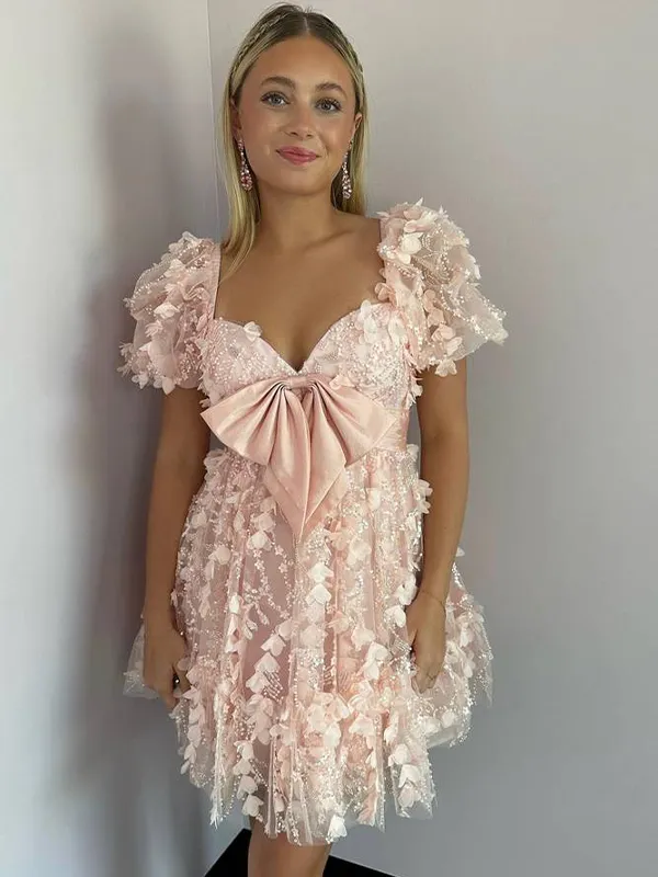 A Line Puff Sleeve 3D Floral Bow Homecoming Mini Dress