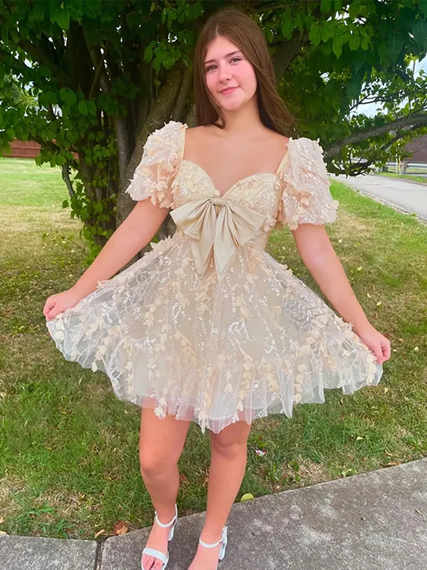 A Line Puff Sleeve 3D Floral Bow Homecoming Mini Dress