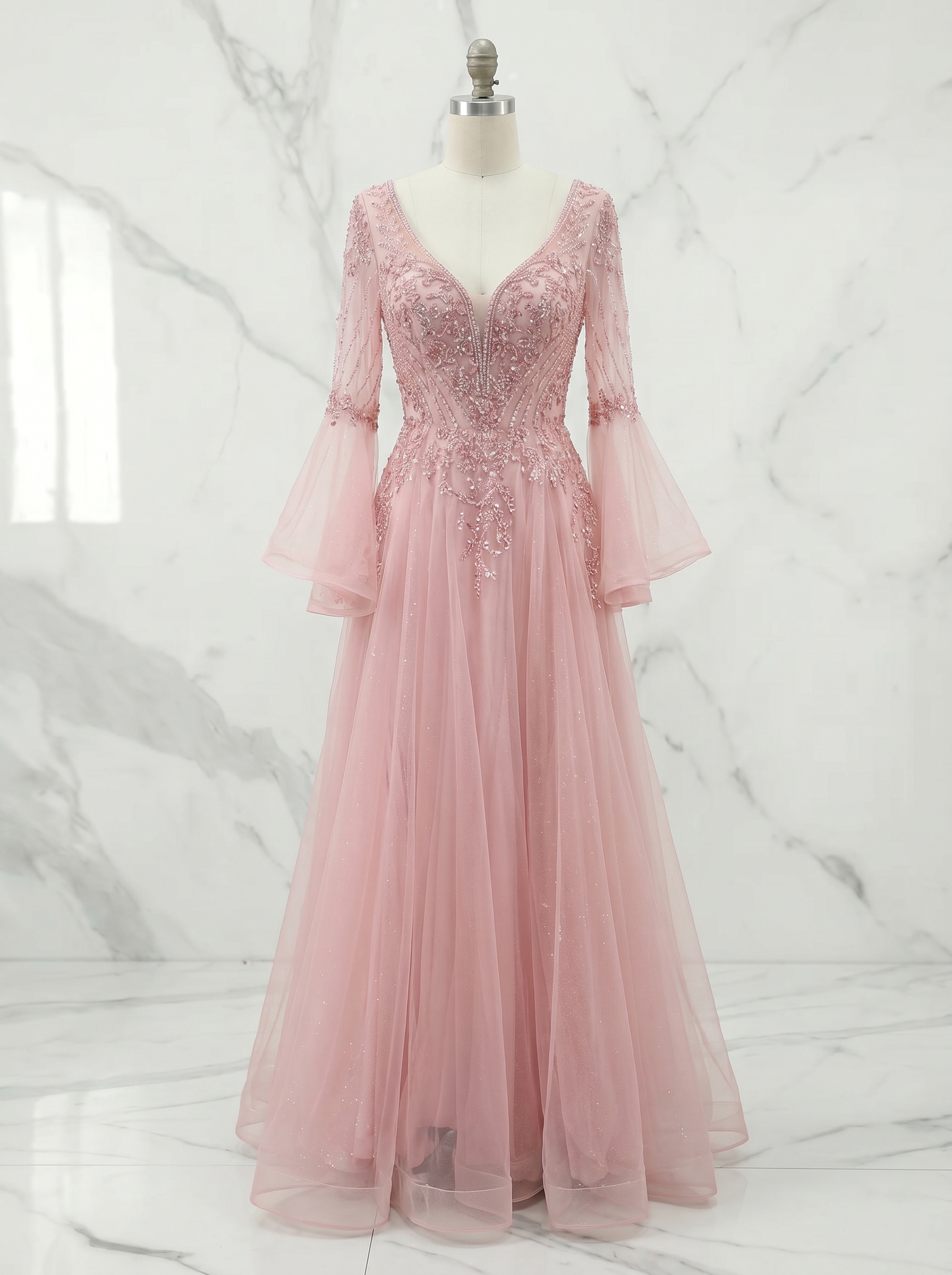Champagne Evening Formal Dress Beaded Bell Sleeve Tulle Gown