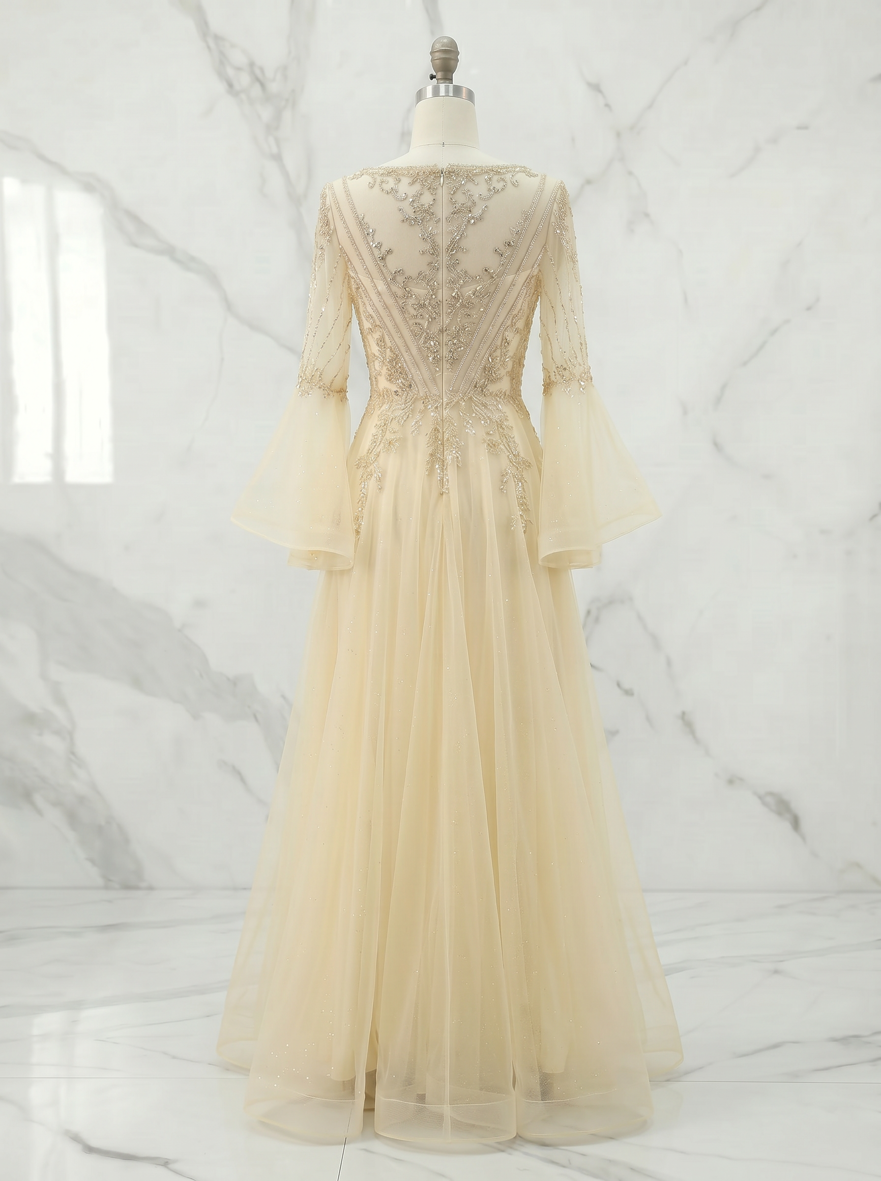 Champagne Evening Formal Dress Beaded Bell Sleeve Tulle Gown