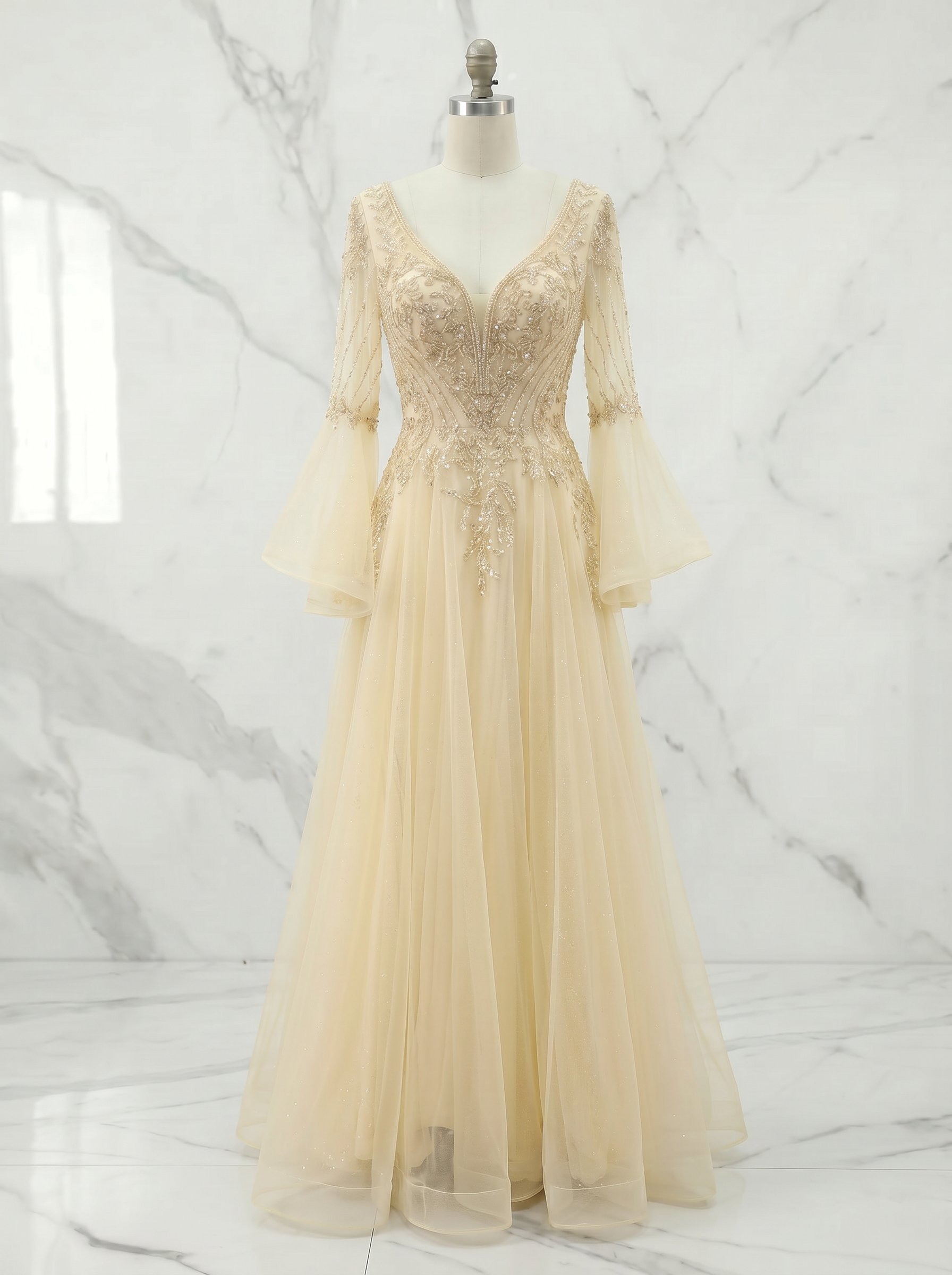 Champagne Evening Formal Dress Beaded Bell Sleeve Tulle Gown