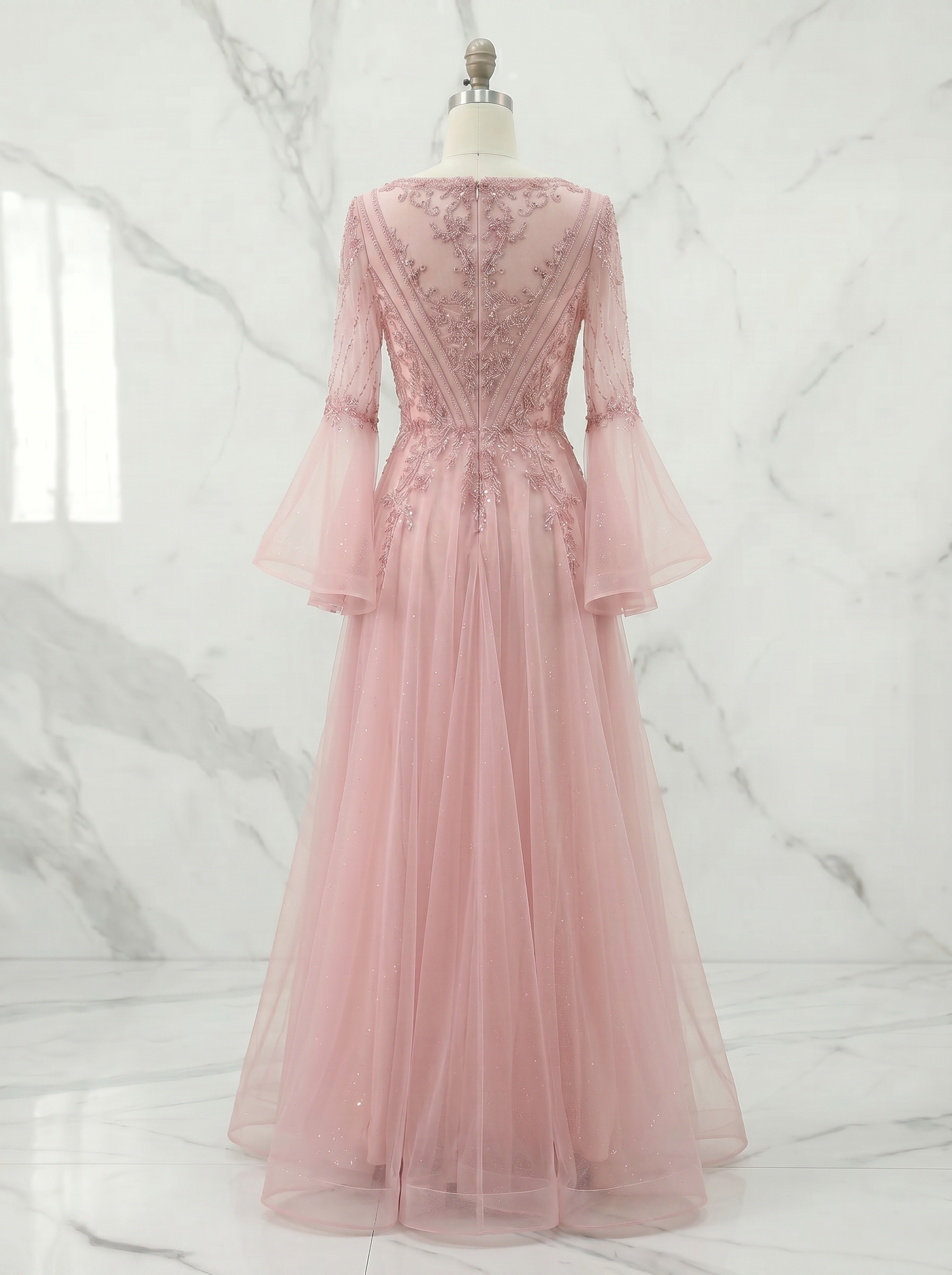 Champagne Evening Formal Dress Beaded Bell Sleeve Tulle Gown