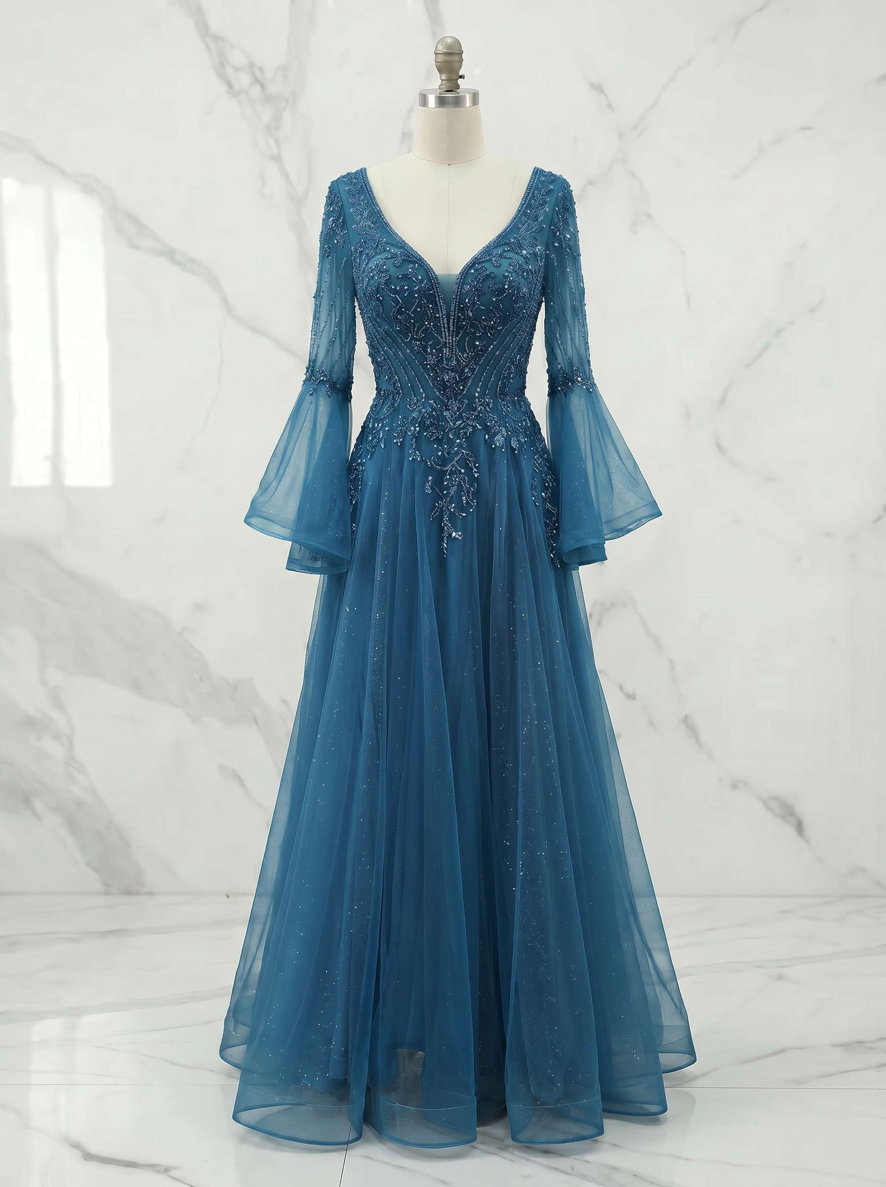 Champagne Evening Formal Dress Beaded Bell Sleeve Tulle Gown