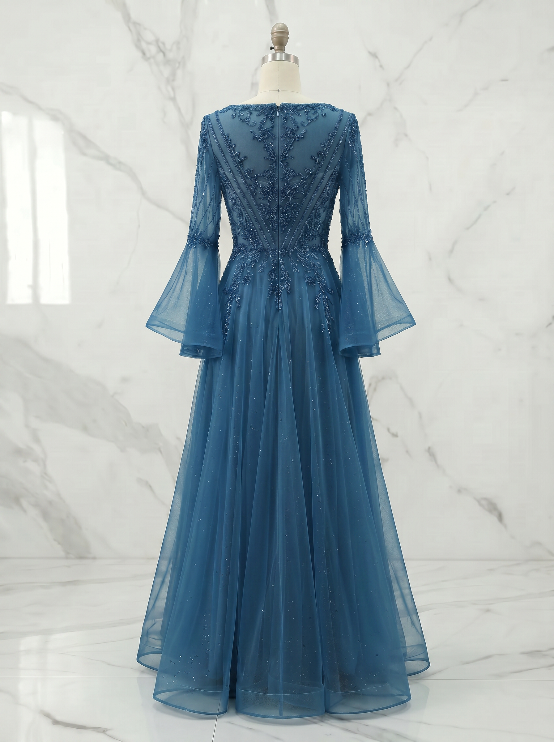 Champagne Evening Formal Dress Beaded Bell Sleeve Tulle Gown