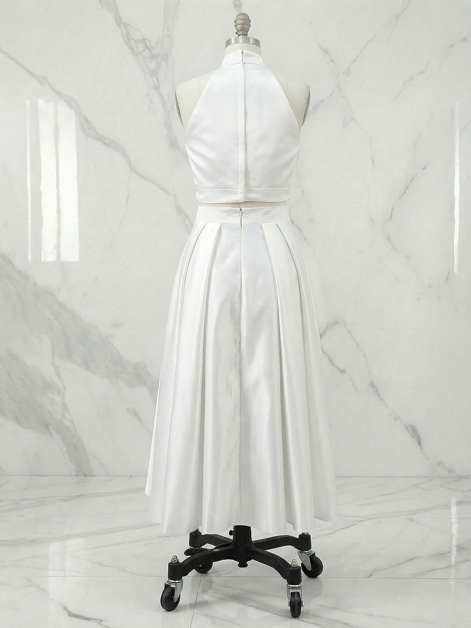 Chic Ivory Satin Halter Midi Dress Party Gown