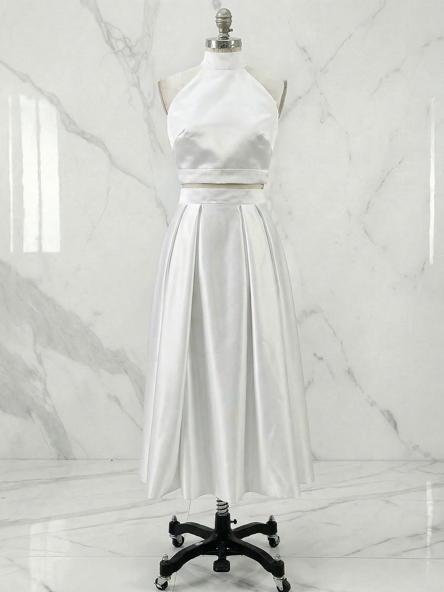 Chic Ivory Satin Halter Midi Dress Party Gown