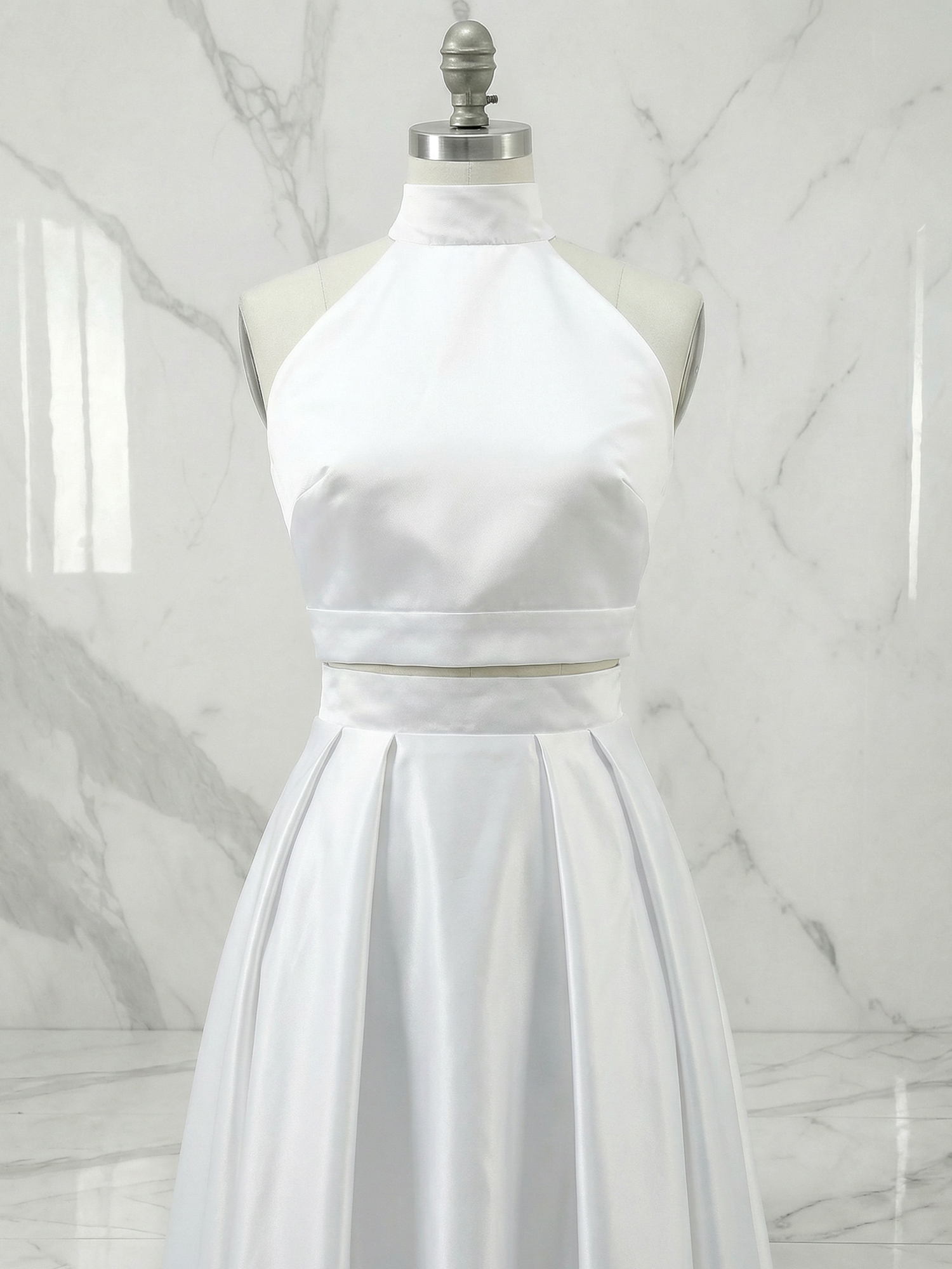 Chic Ivory Satin Halter Midi Dress Party Gown