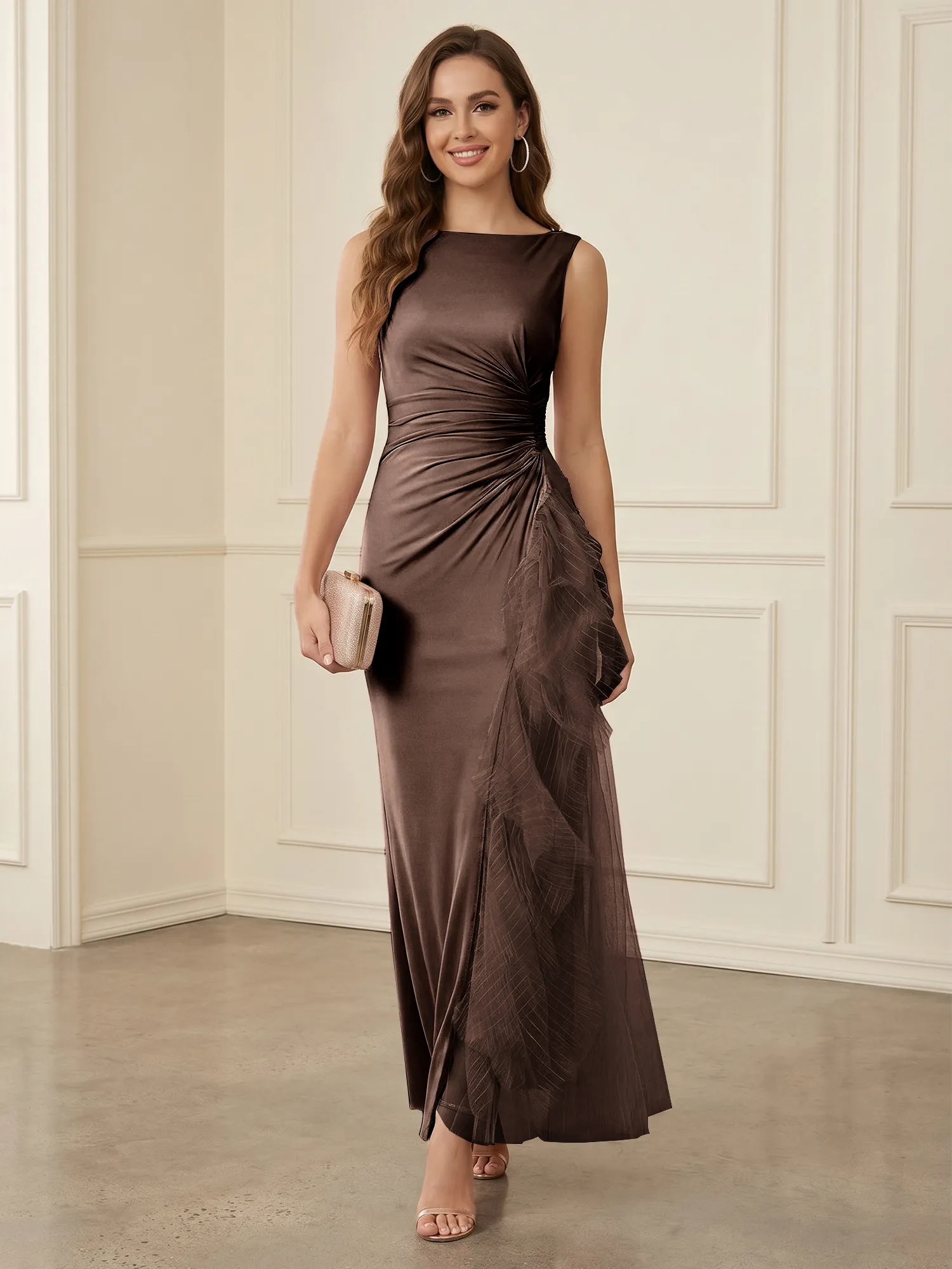 Sleeveless Ruched Sheath Evening Gown with Tulle Ruffle Detail