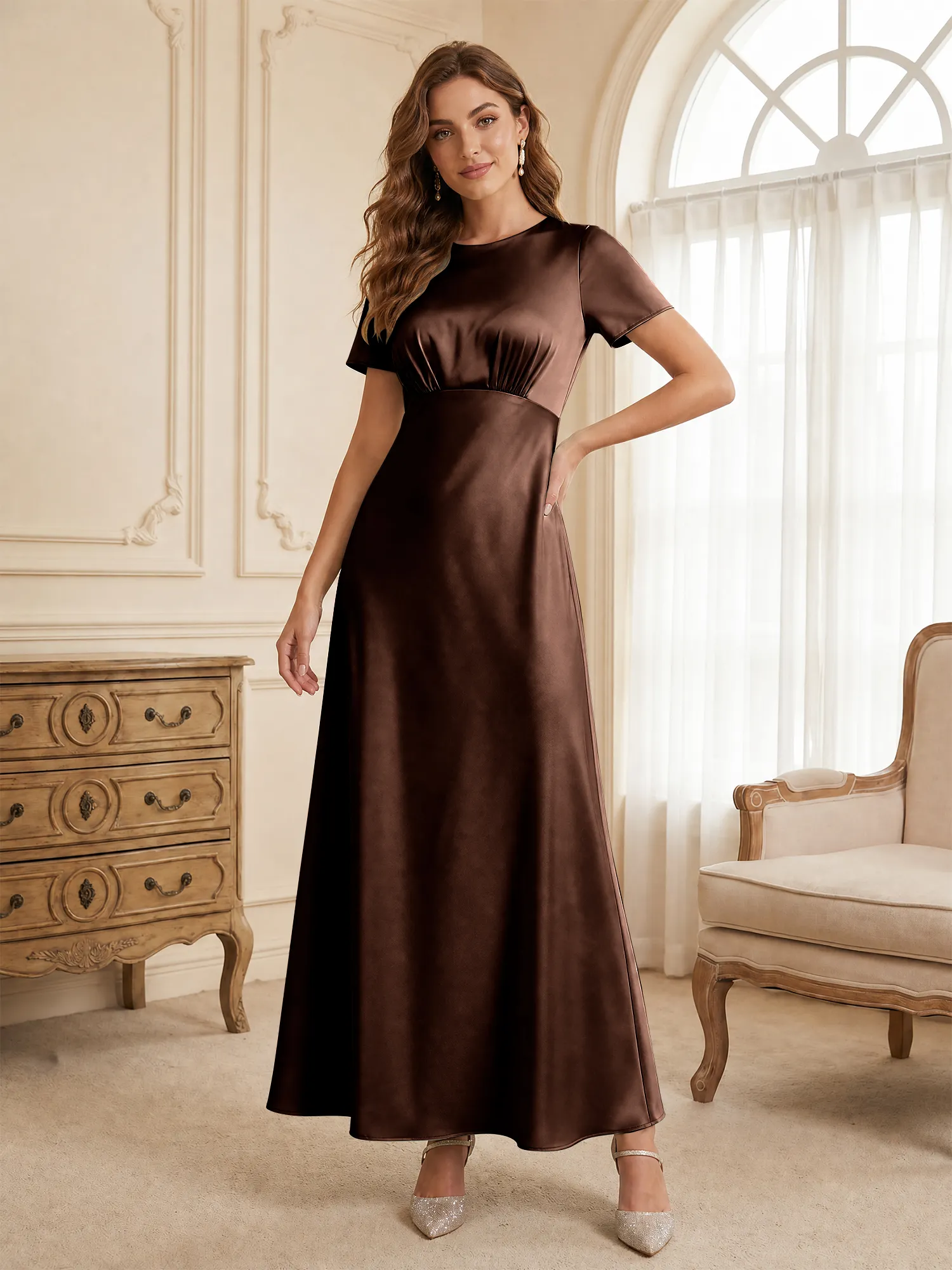 Round Neck Short Sleeve Satin Bridesmaid Dress
