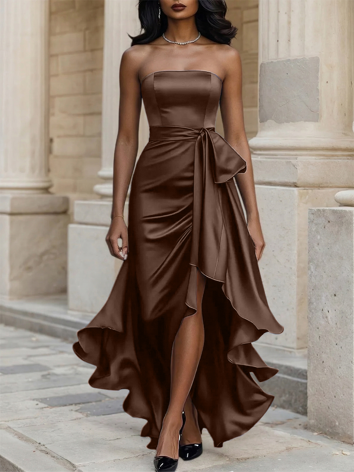 Glamorous Formal Dress Midnight Navy Strapless High-Low Satin Gown Midi Dress