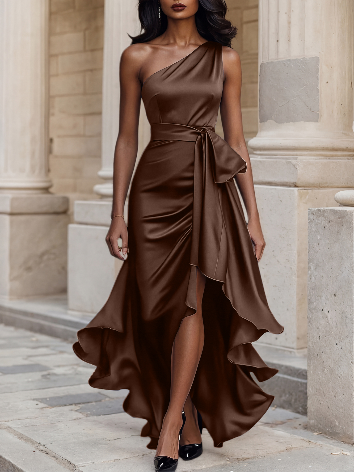 Glamorous Formal Dress Midnight Navy One Shoulder High-Low Satin Gown Midi Dress