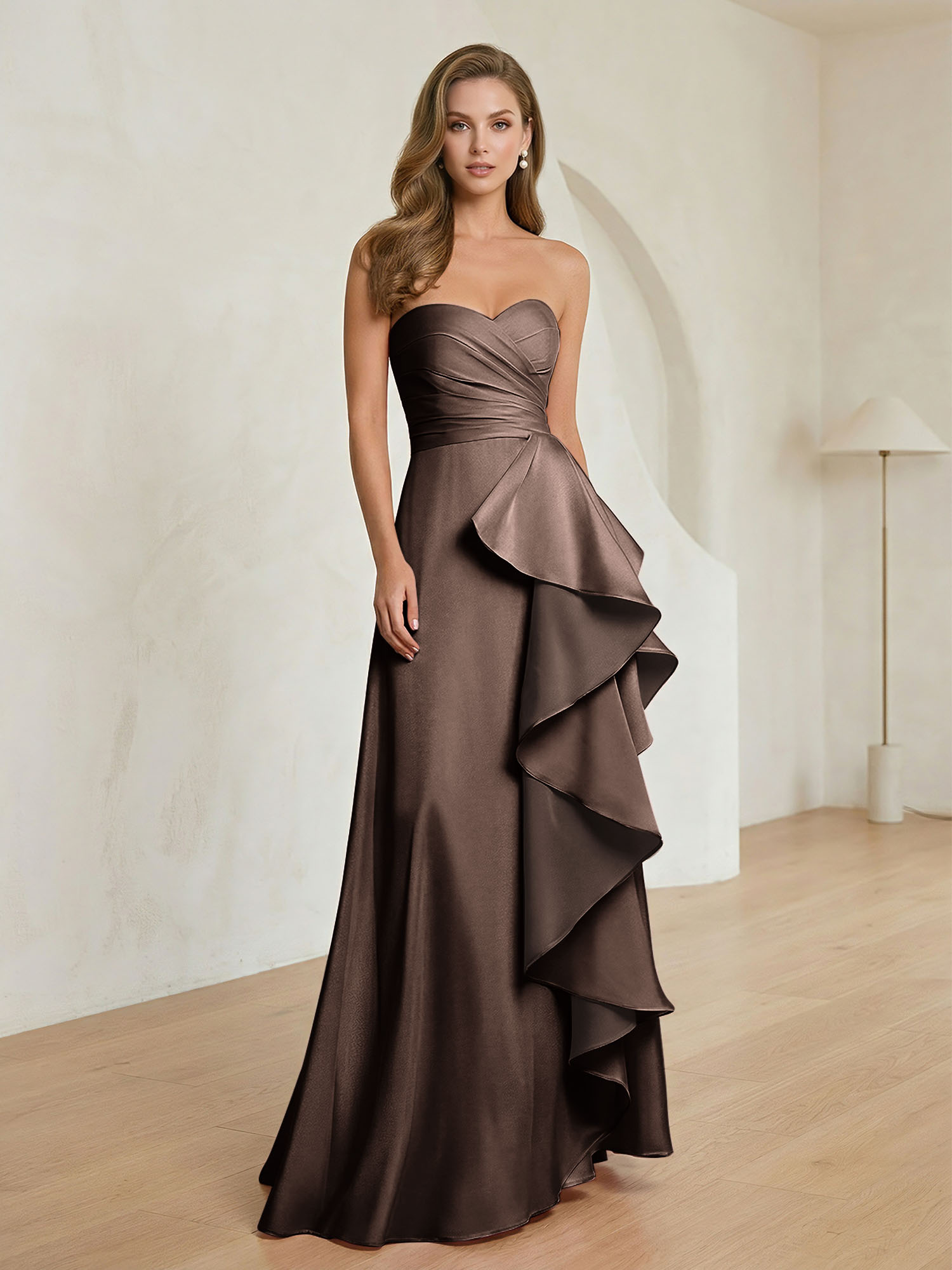 Formal Evening Dress Blush Strapless Ruffle Maxi Dress Gown