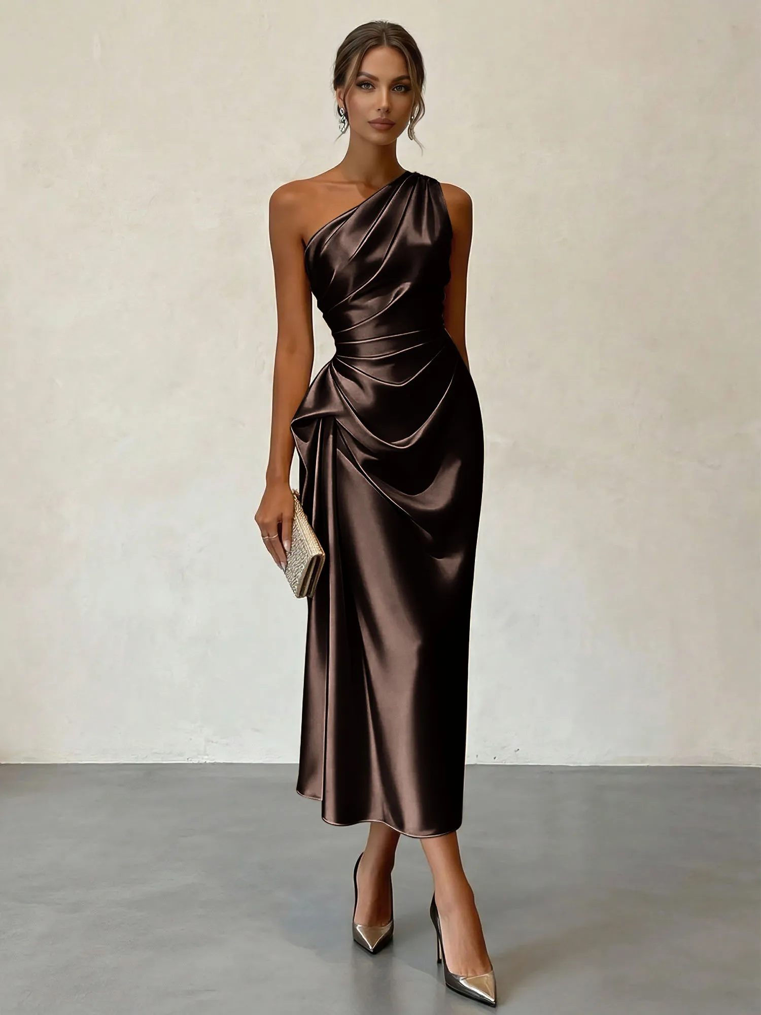One-Shoulder Ruched Satin Midi Evening Dress with Draped Detail