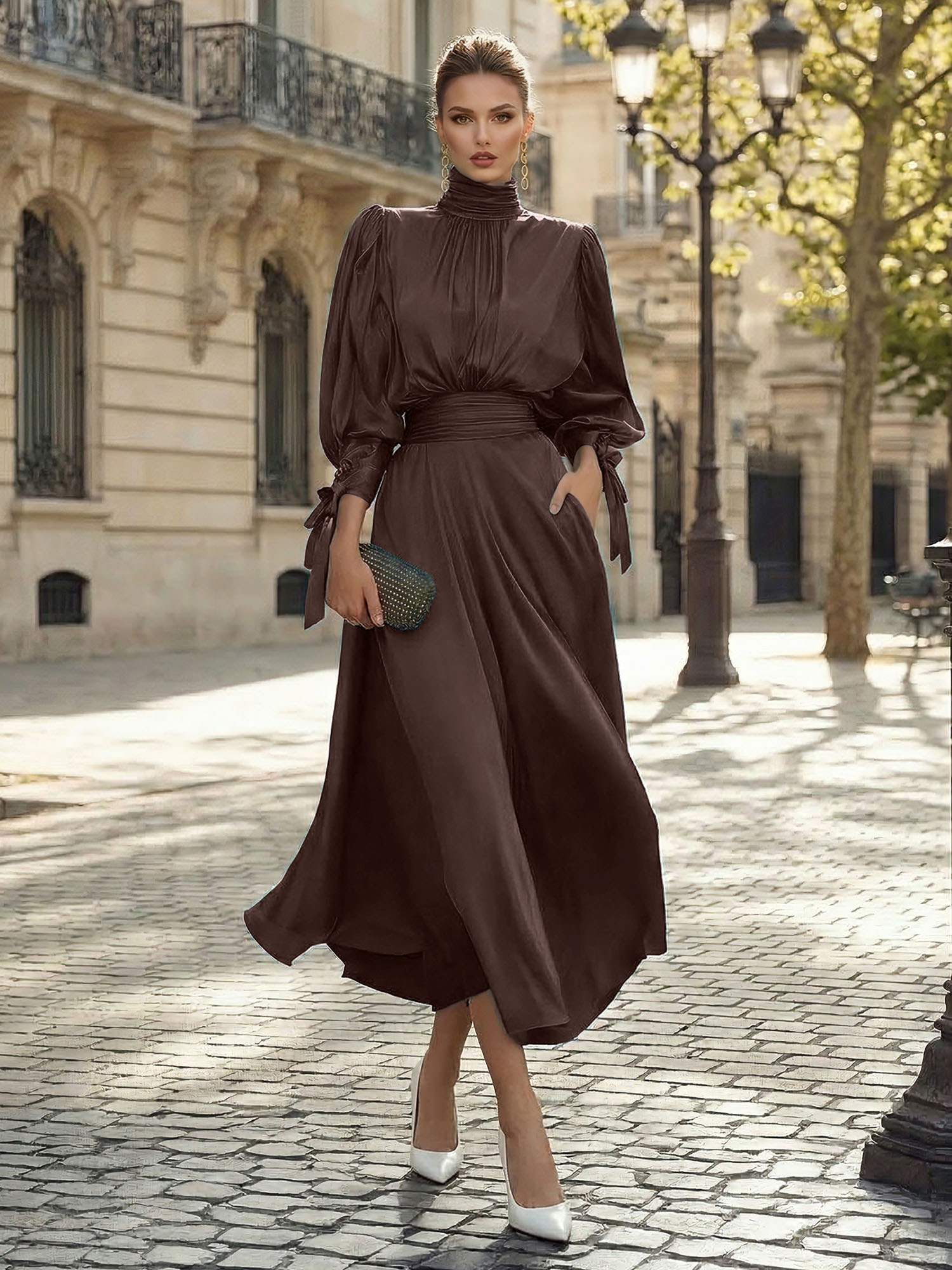 Sophisticated Camel V-Neck Balloon Sleeve Midi Dress Evening Gown