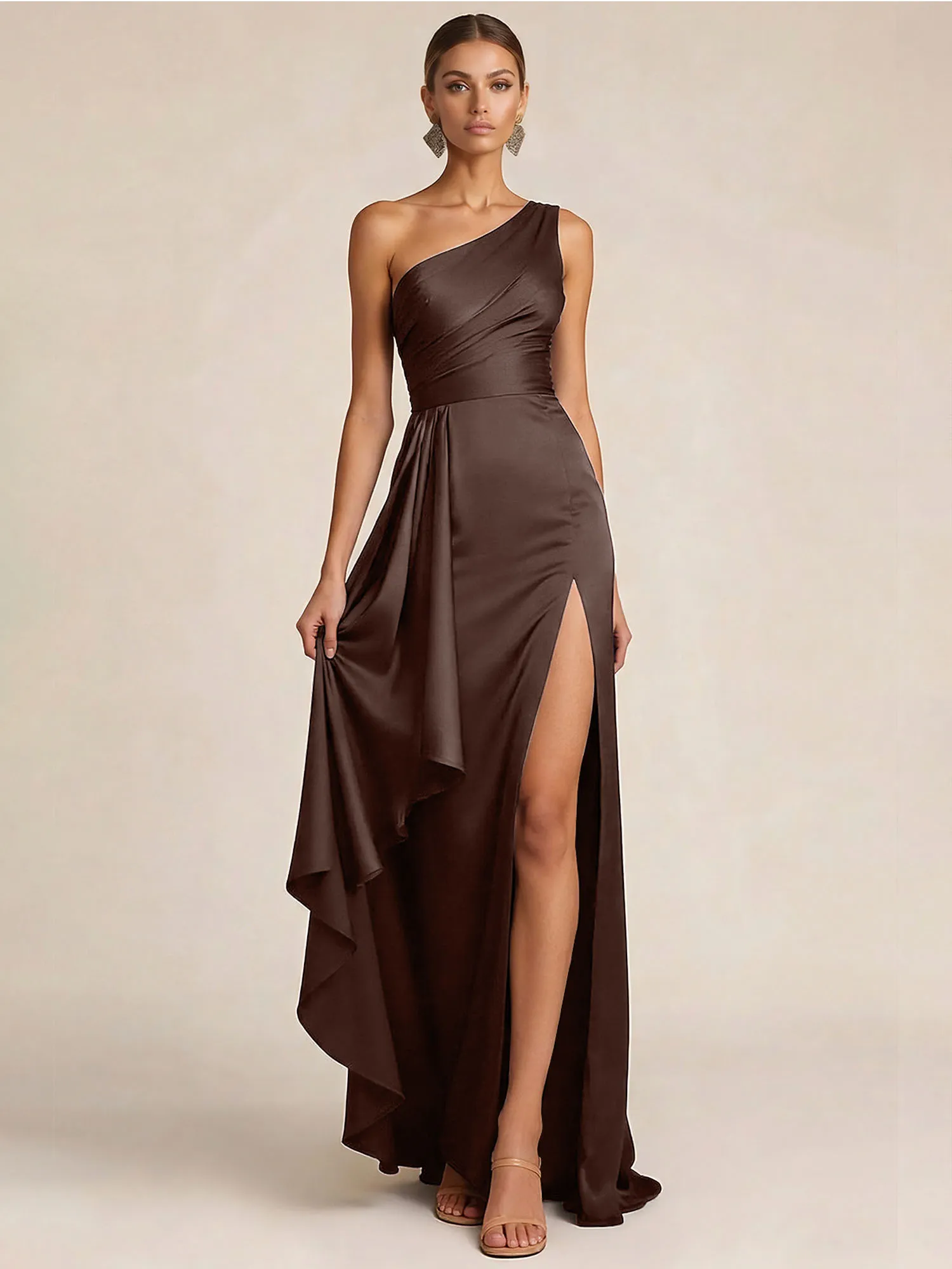 Sleek Foraml Evening Gown Midnight Navy One-Shoulder Satin Slit Maxi Dress