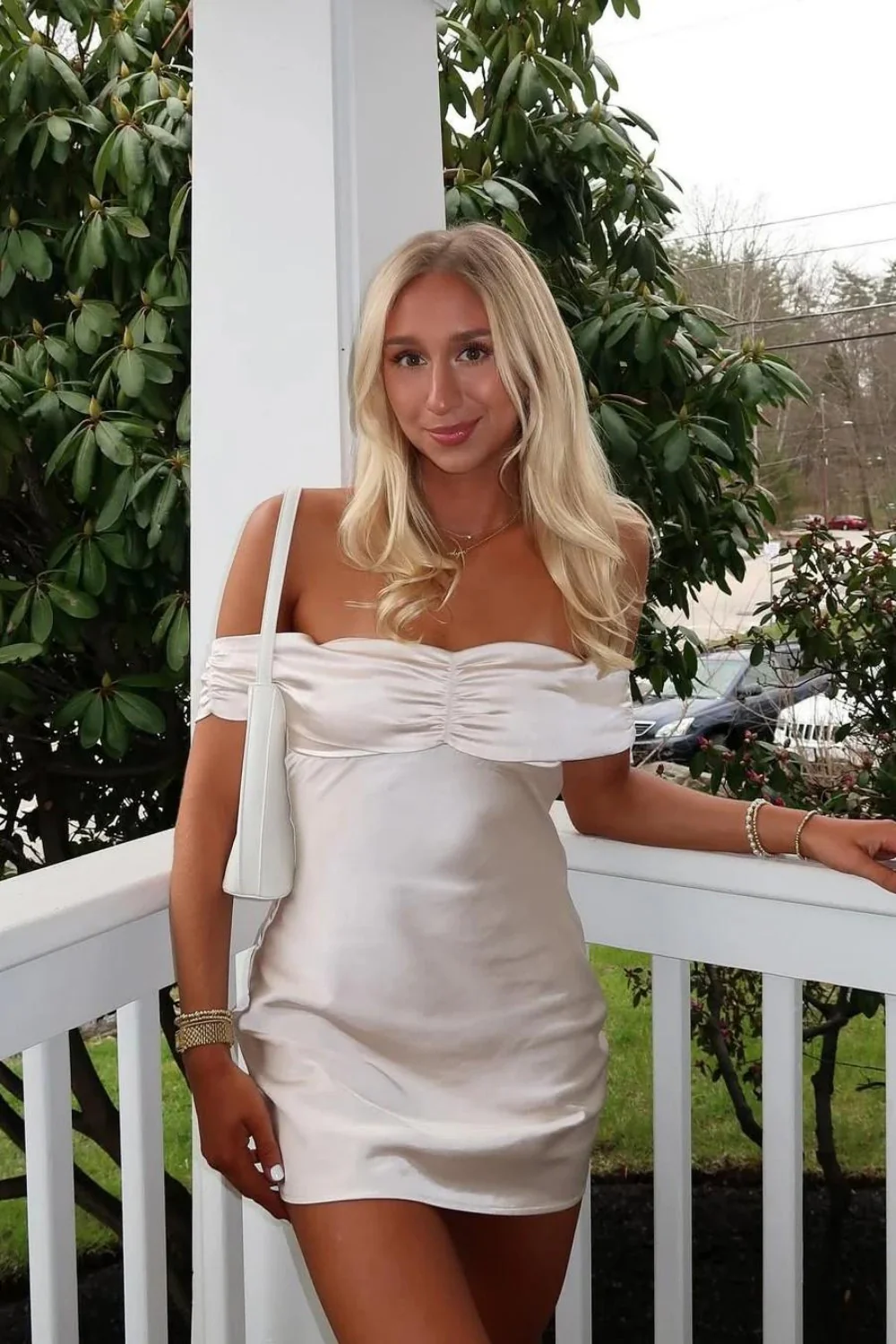 Timeless White Satin Off-the-Shoulder Sheath Homecoming Dress