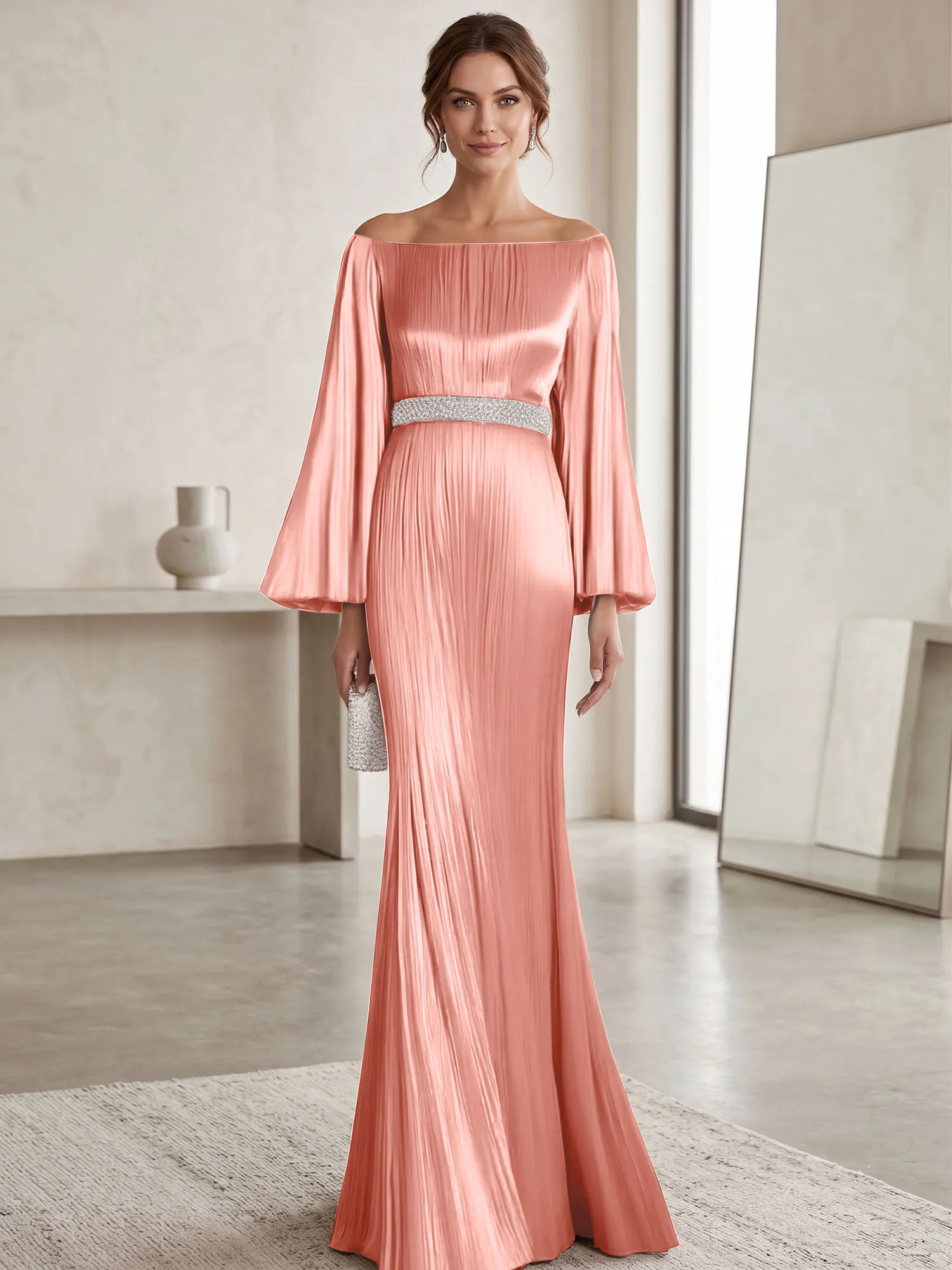 Off-the-Shoulder Pleated Satin Evening Gown with Beaded Waistband