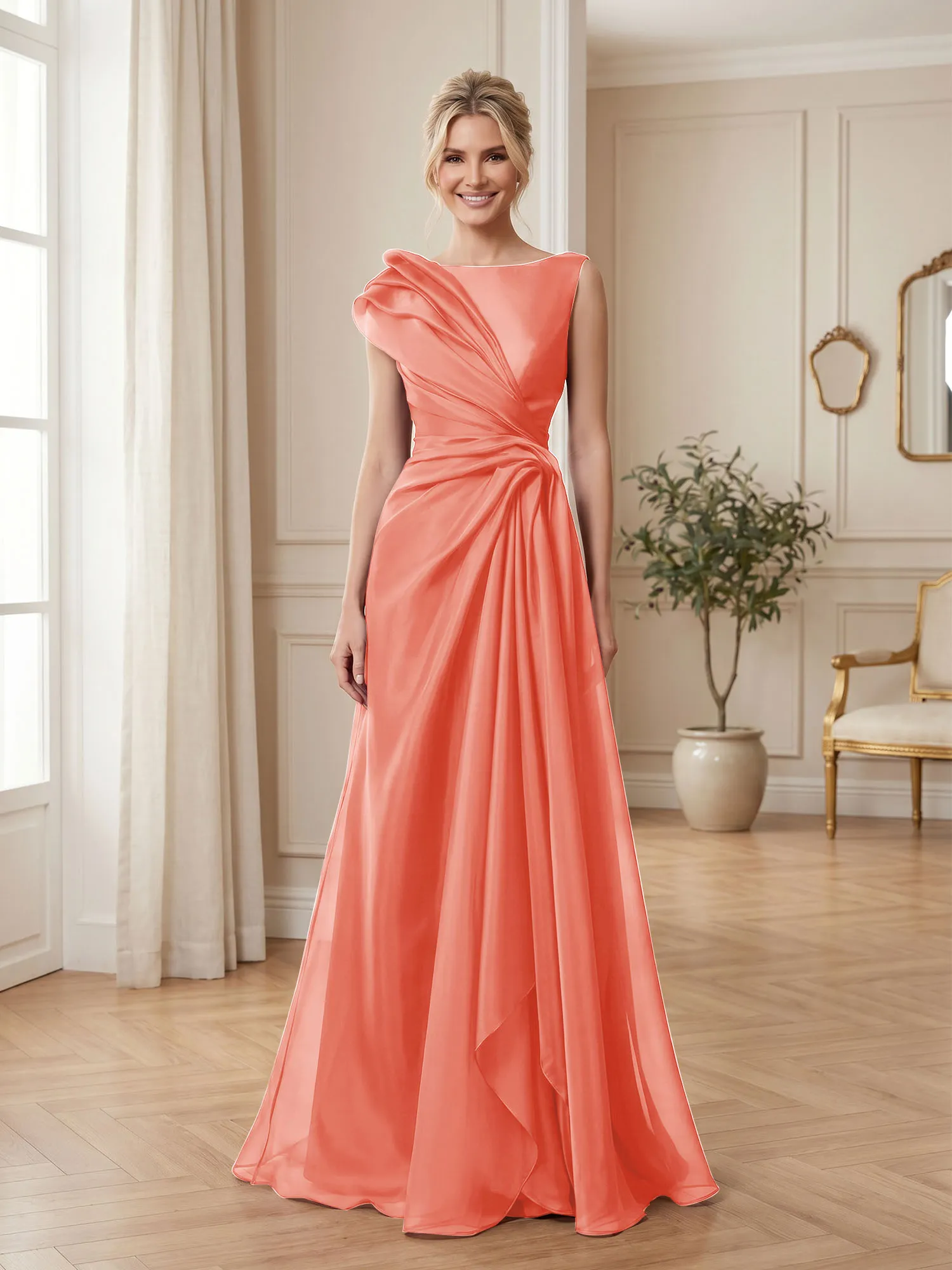 A Line Ruched Draped Tulle Evening Gown