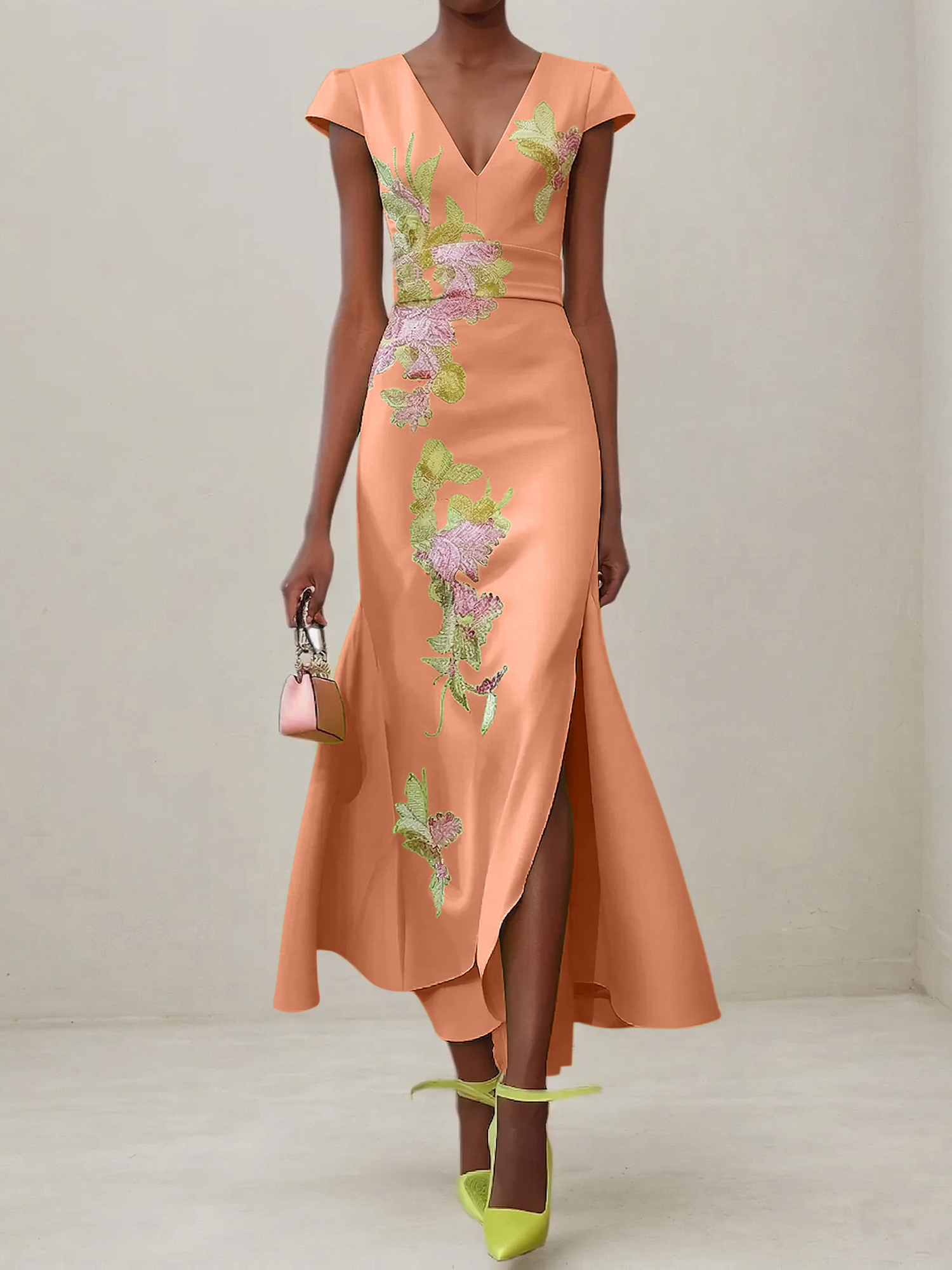 Elegant V-Neck Cap Sleeve Satin Midi Gown with Floral Embroidery & High Slit