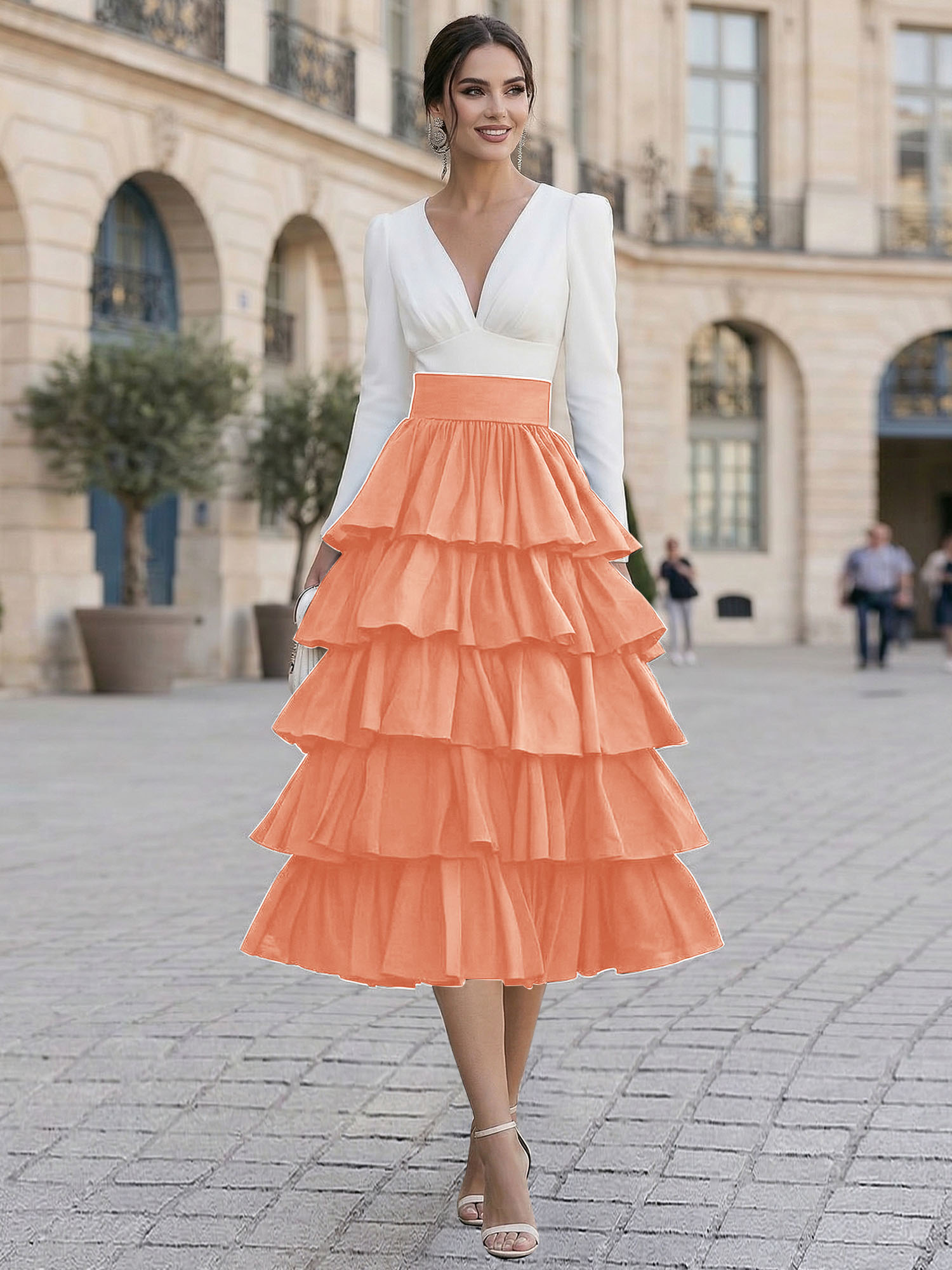 Elegant V-Neck Long Sleeve Tiered Ruffle Midi Dress with Contrast Waistband